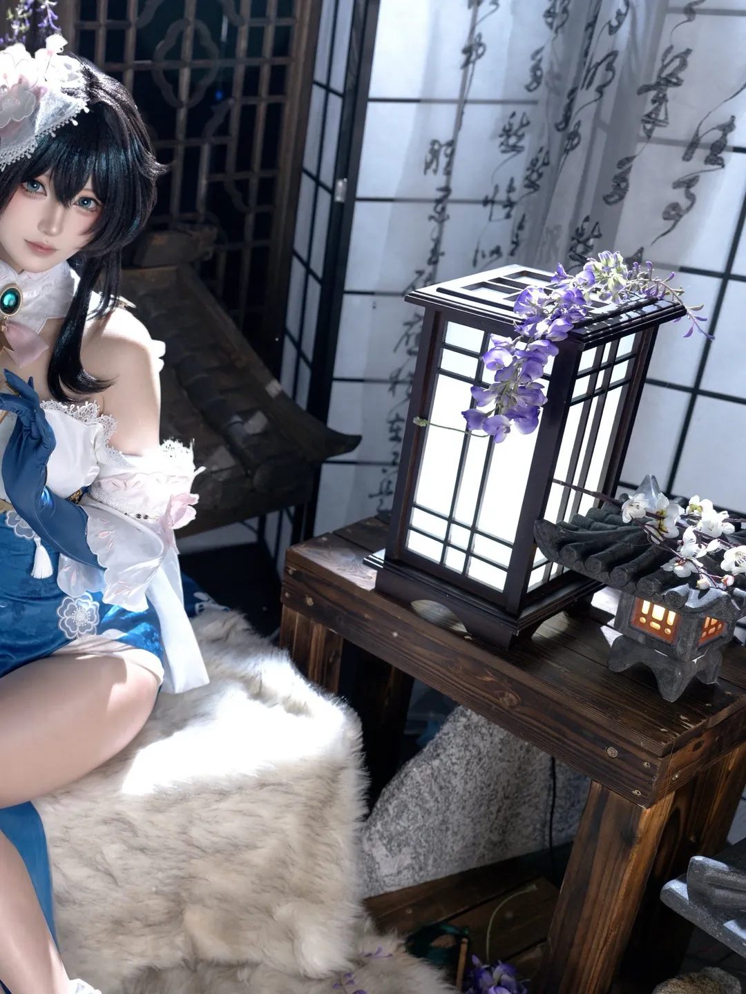 【阮梅cos】星穹铁道雪绽梅笺，蓝白国风与珍珠腿环的棚拍记录 - 第 4 张