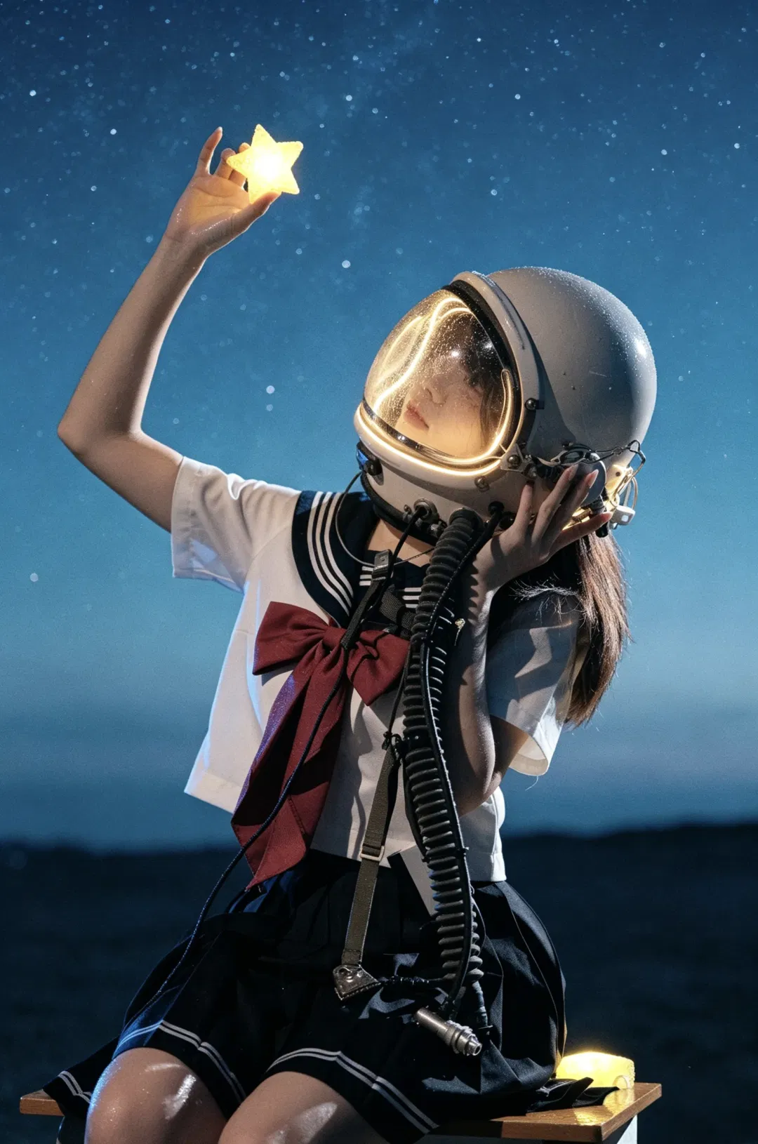 穿着JK制服戴宇航员头盔 拍一组潮湿星空少女写真 - 第 1 张