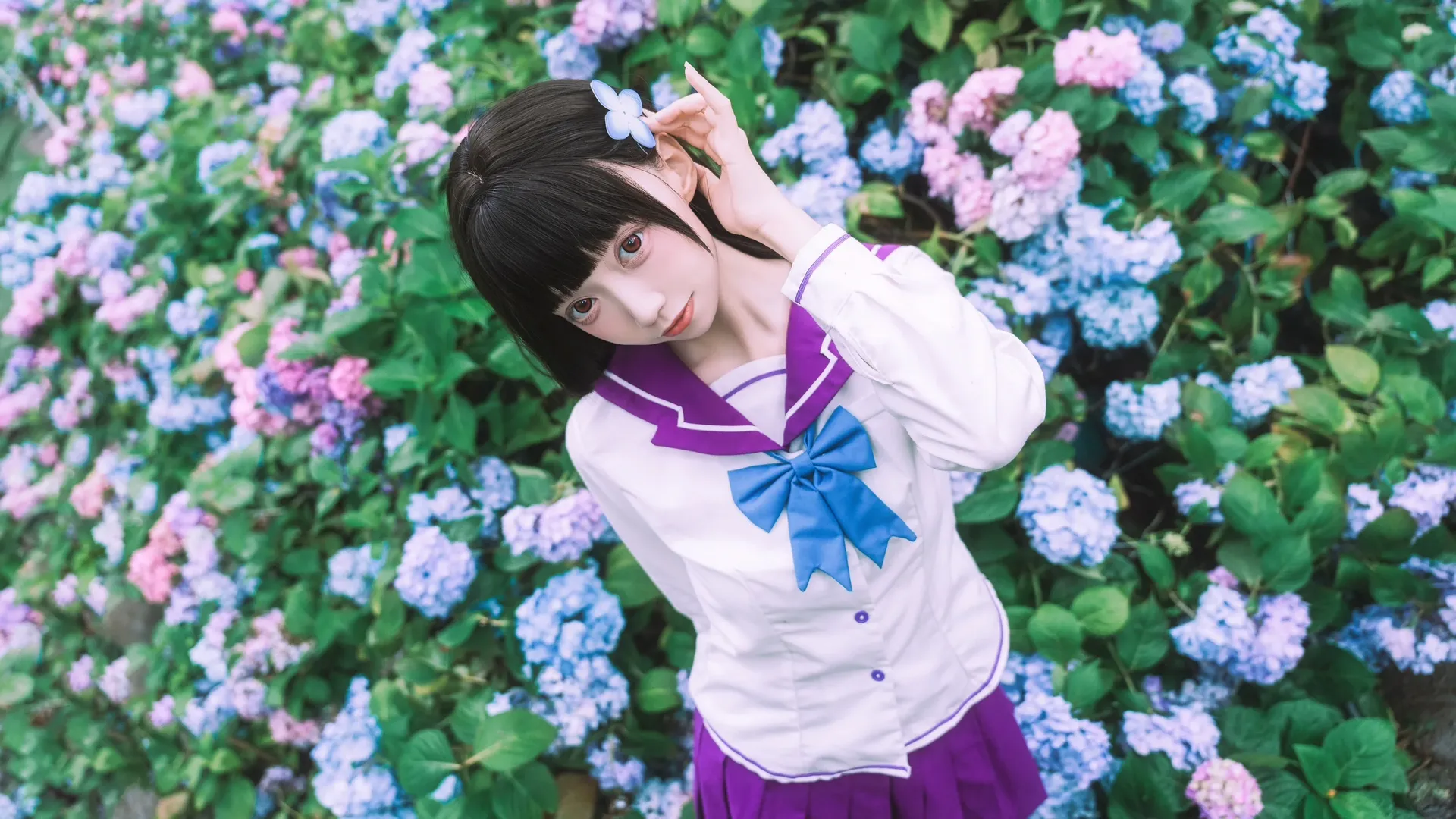 【散華禮彌cos】雨中繡球花田的紫色制服與透明傘 - 第 5 張