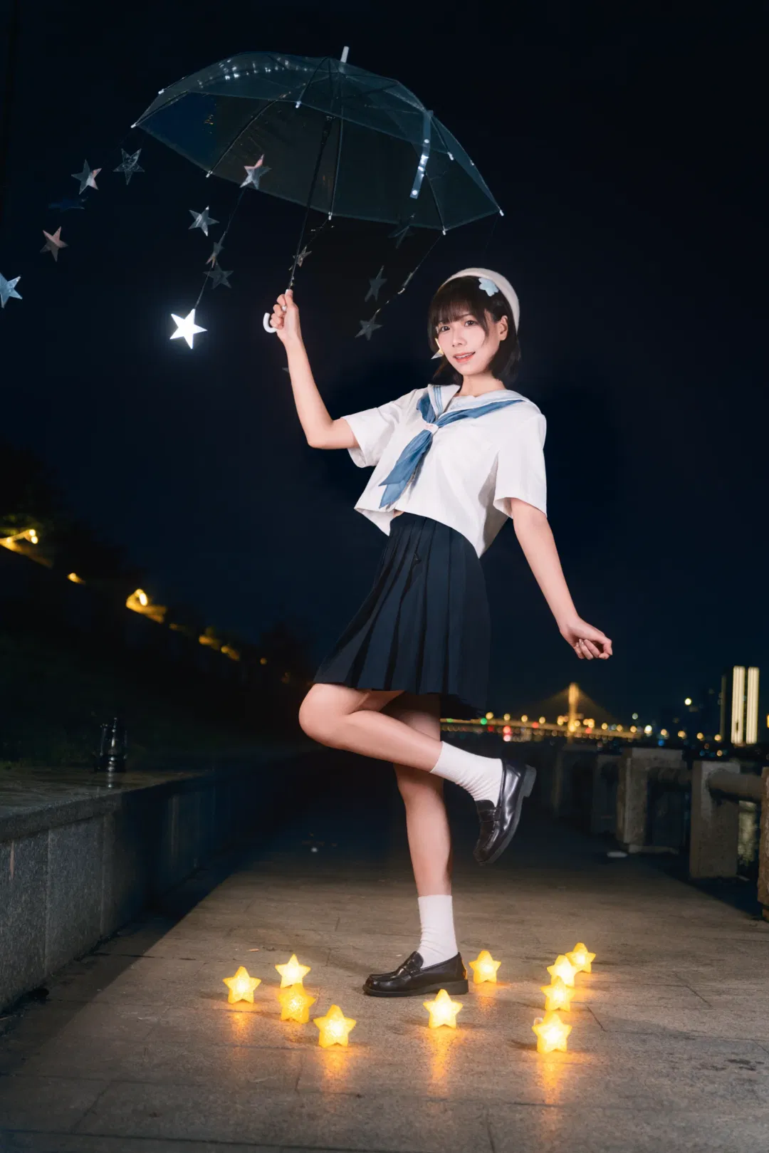 夜风微凉星星散落，JK制服夜景氛围感写真 - 第 1 张