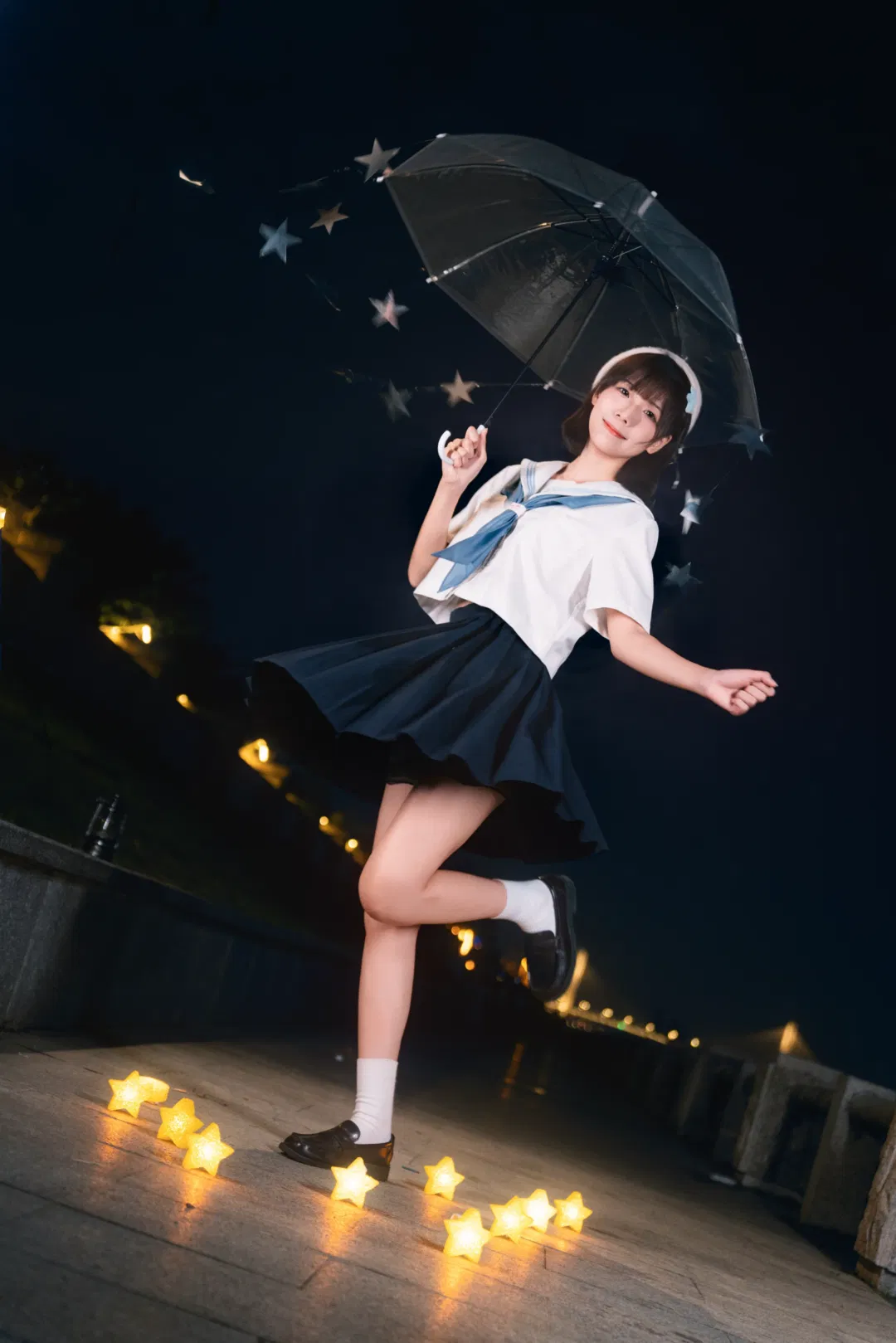 夜风微凉星星散落，JK制服夜景氛围感写真 - 第 10 张