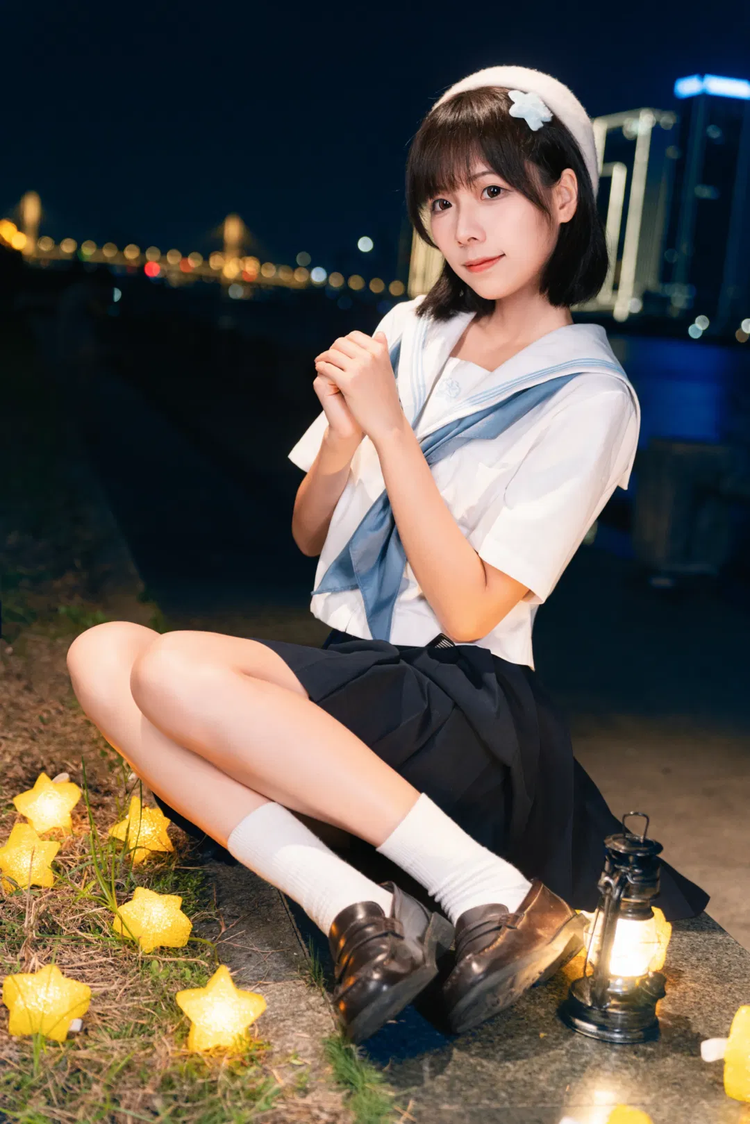 夜风微凉星星散落，JK制服夜景氛围感写真 - 第 3 张