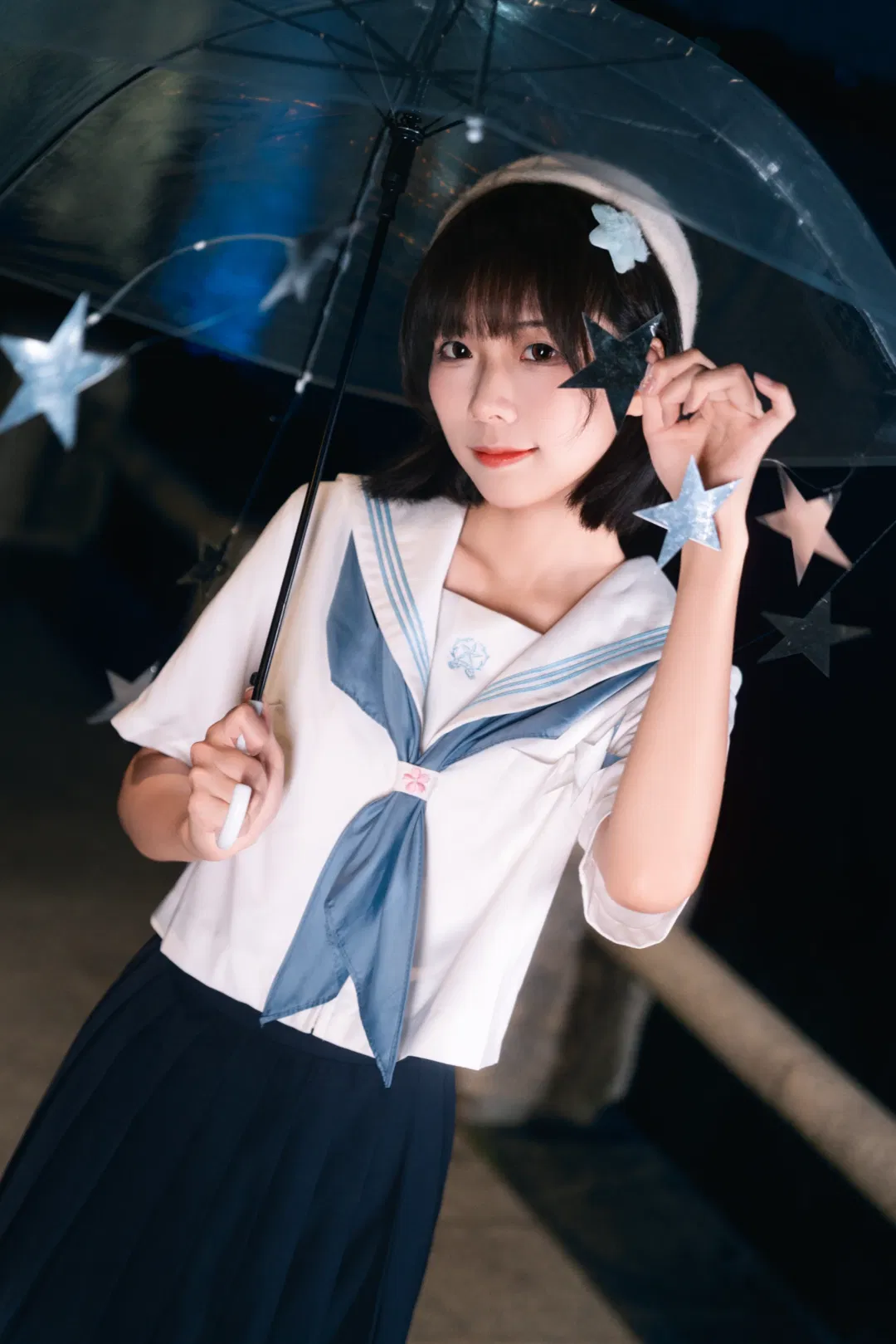 夜风微凉星星散落，JK制服夜景氛围感写真 - 第 7 张