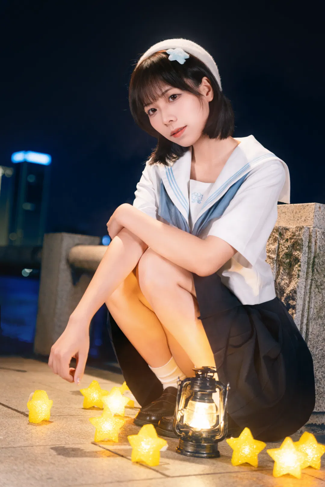 夜风微凉星星散落，JK制服夜景氛围感写真 - 第 9 张