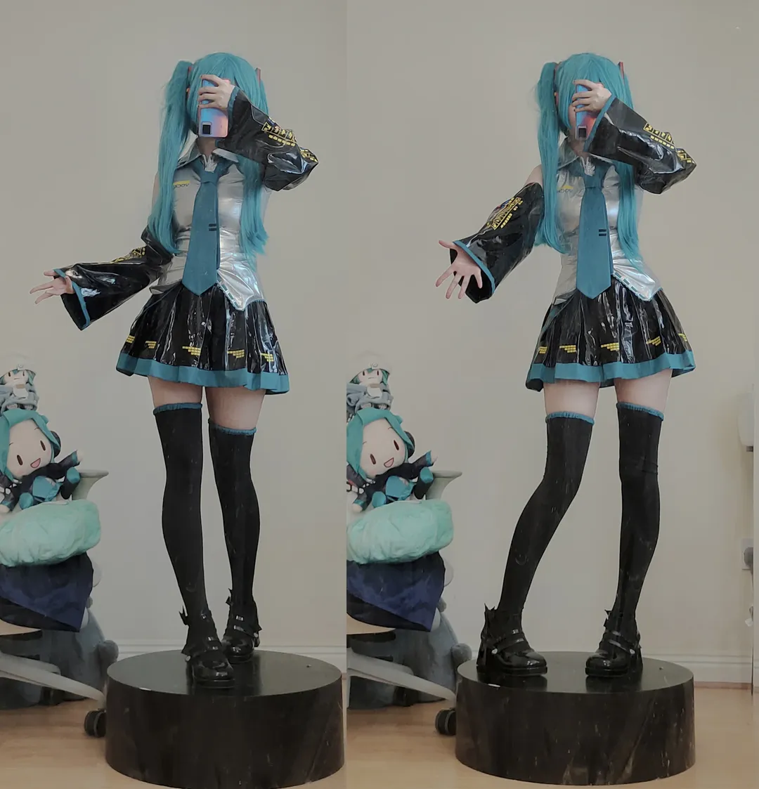 【初音未来cos】玉桂狗初音单马尾，黑丝长筒袜搭配漆皮袖出片 - 第 1 张
