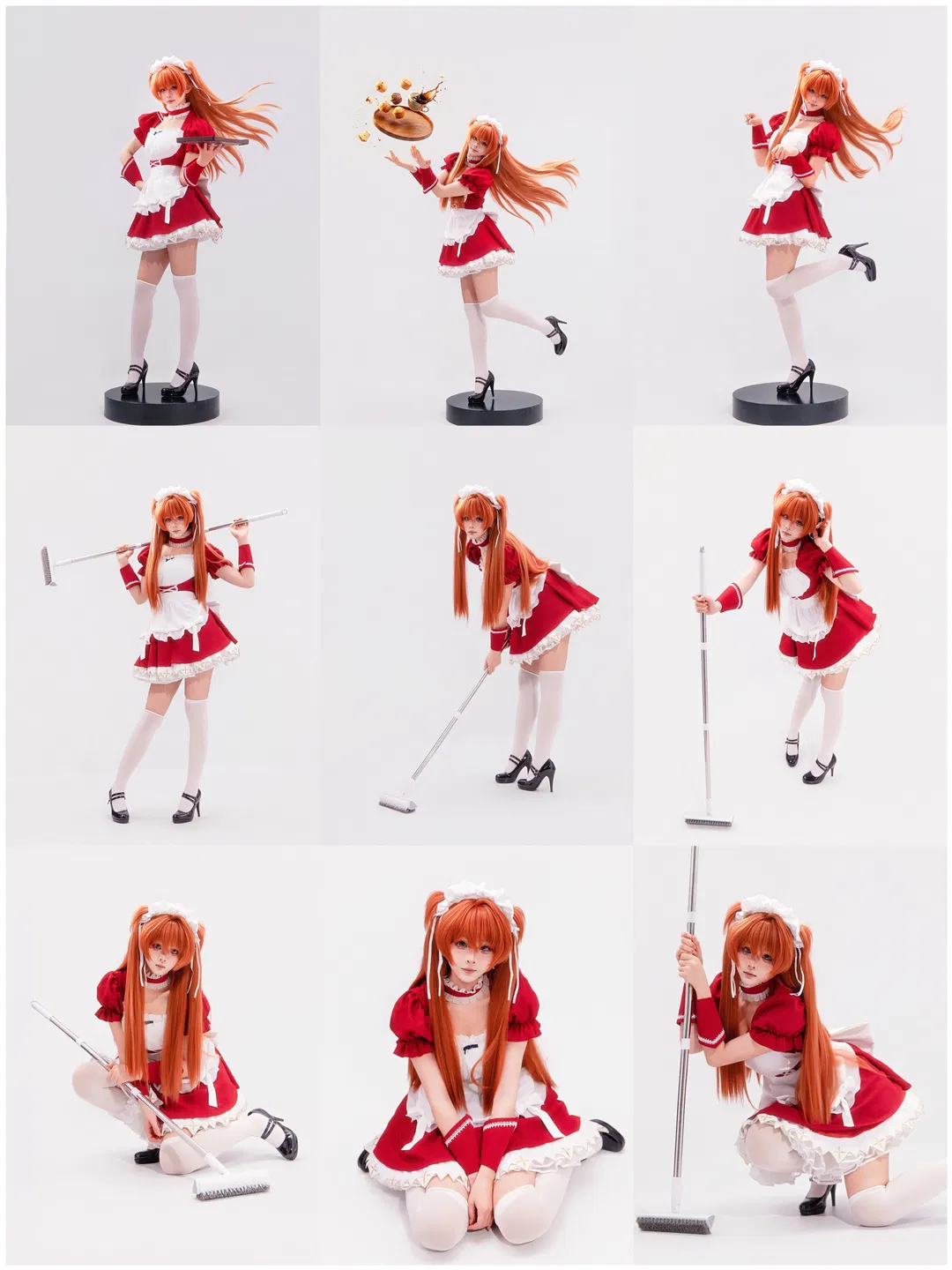 【明日香cos】紅色女僕裝姿勢大全，附帶拖把和飛盤動作參考 - 第 1 張