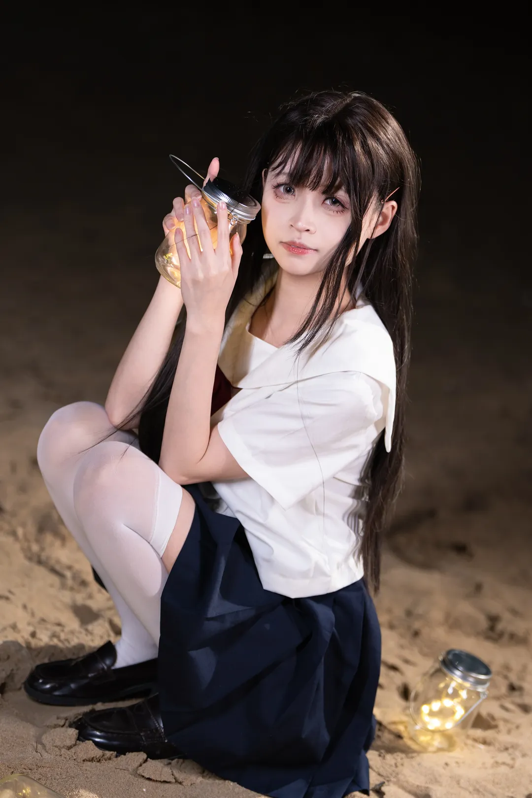 夏の夜の砂浜、セーラー服JKの夜景ポートレート撮影 - 3 枚目