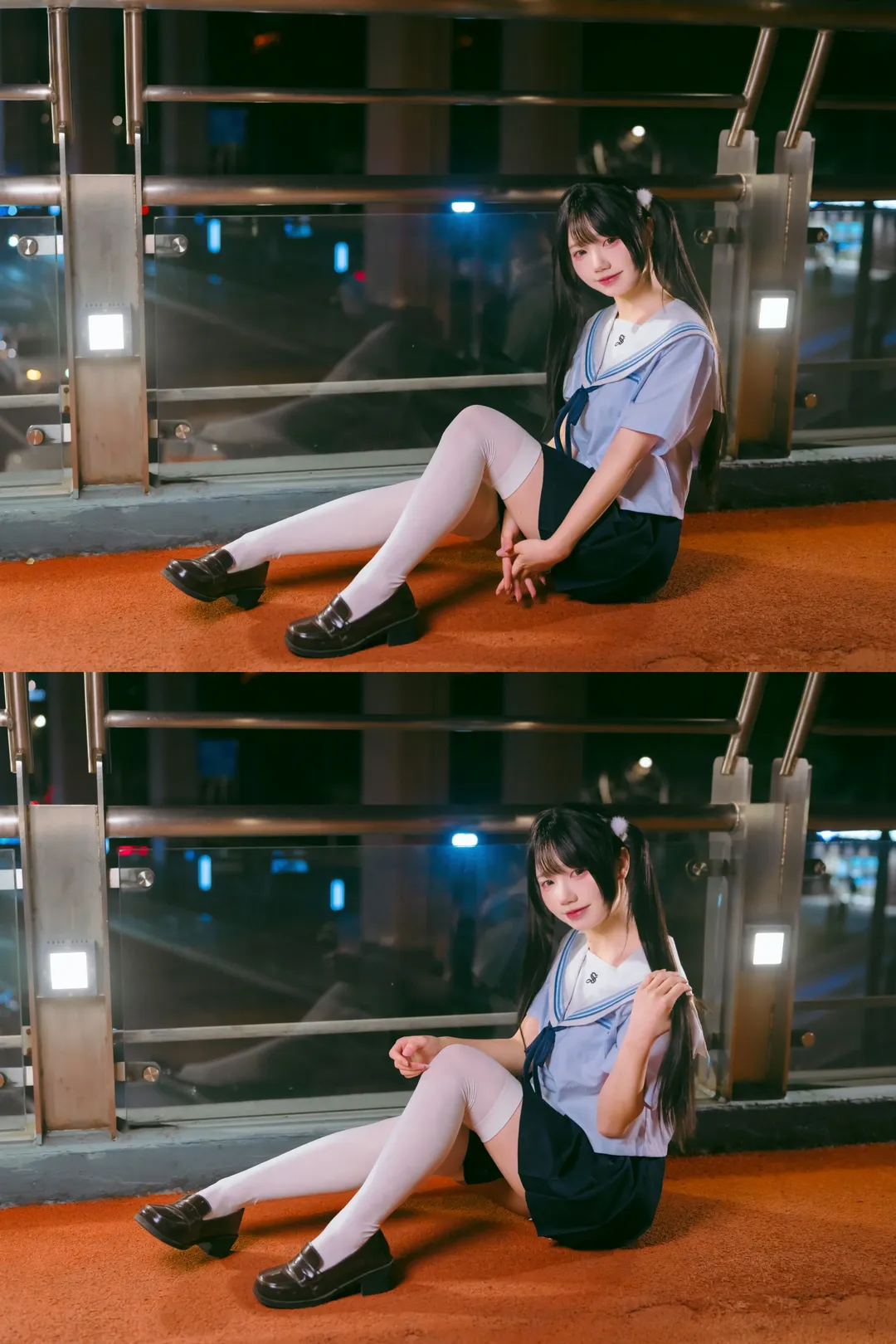 夜幕下的水手服与白丝，夜半公交站台的JK制服写真 - 第 5 张