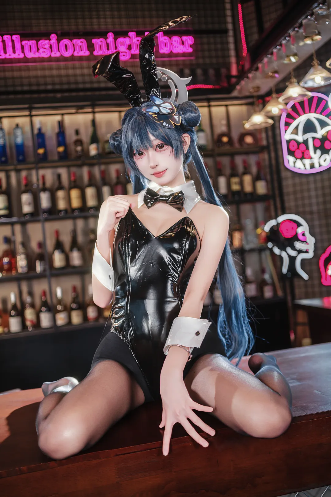 【妃咲cos】碧蓝档案夜之魅影，黑色漆皮兔女郎酒吧正片 - 第 5 张