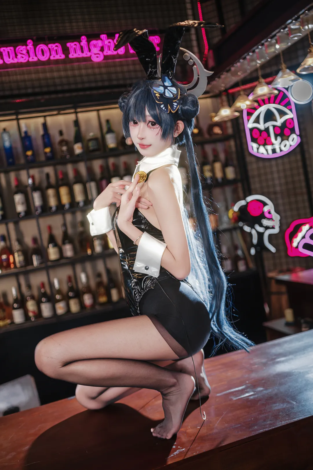 【妃咲cos】碧蓝档案夜之魅影，黑色漆皮兔女郎酒吧正片 - 第 6 张