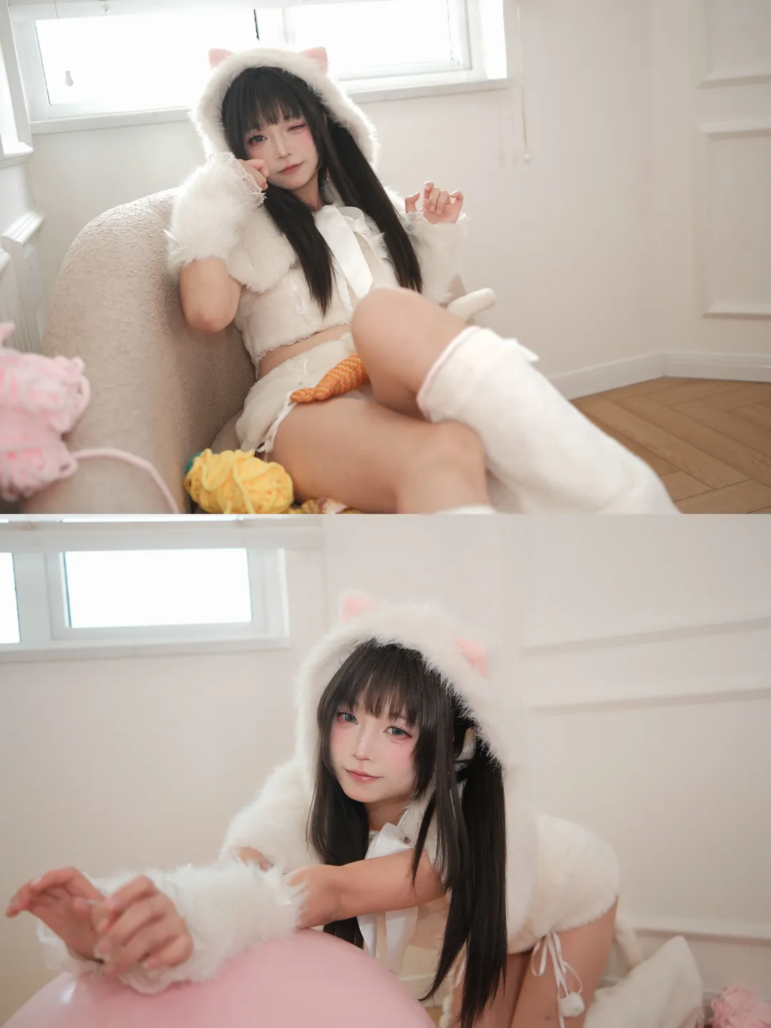 纯白毛绒猫耳娘 室内糖水片写真 - 第 1 张