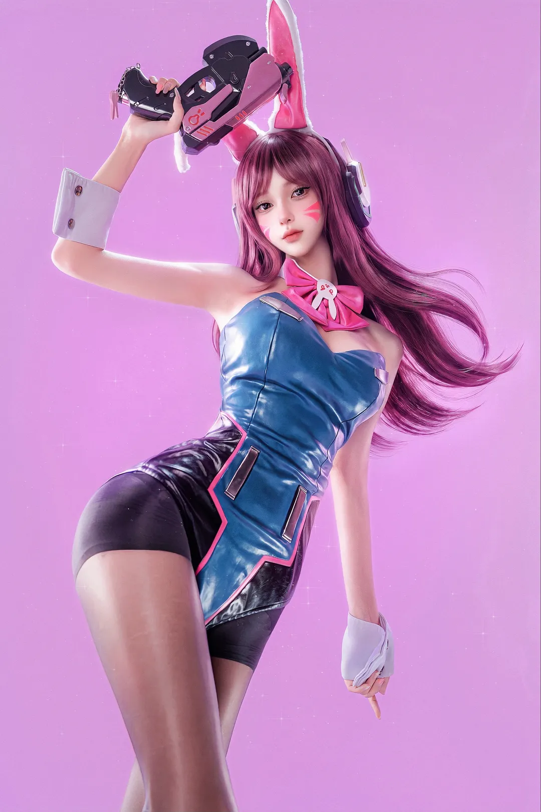 【宋哈娜cos】守望先锋Dva兔女郎战斗服，粉紫色调的赛博电竞少女 - 第 1 张
