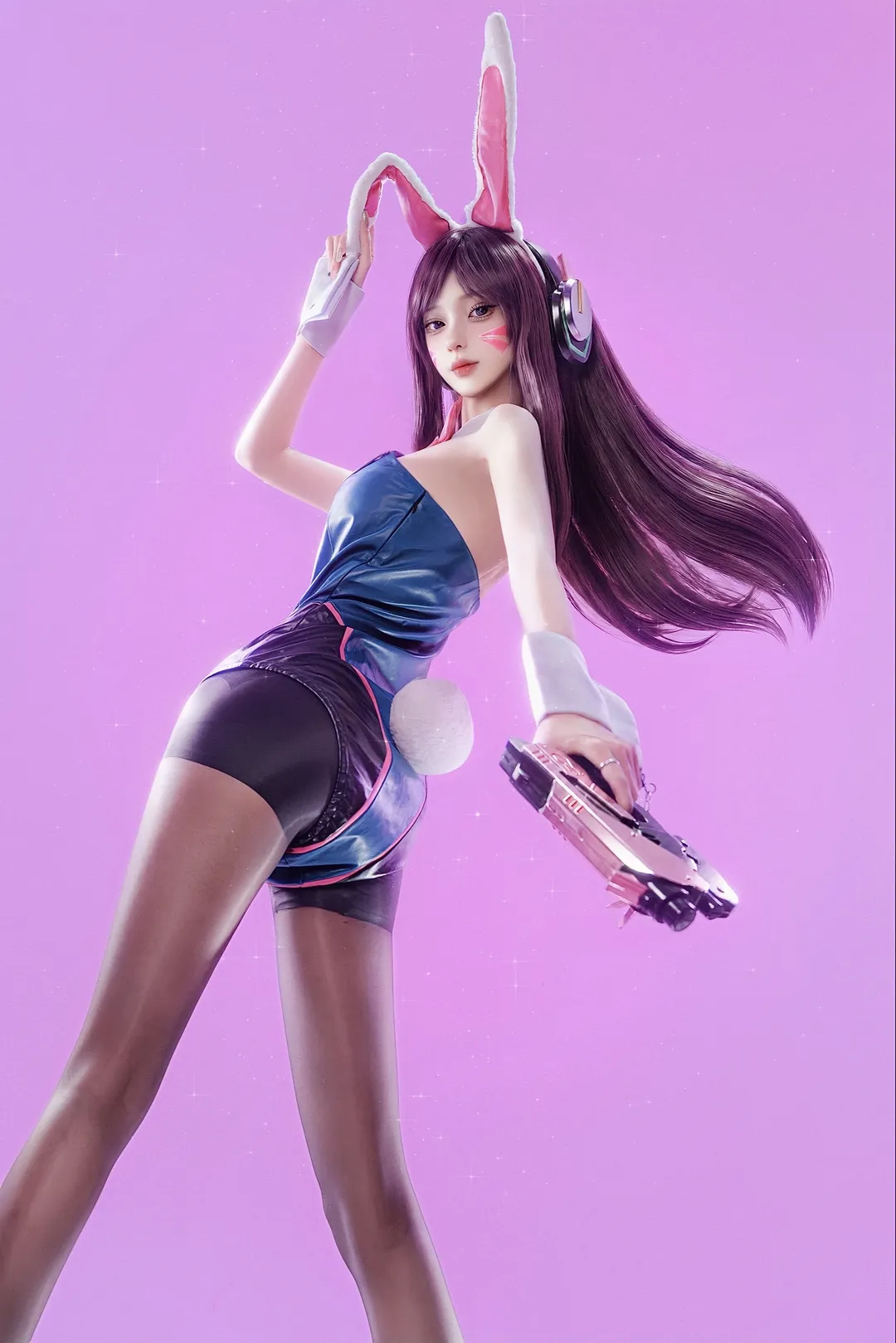 【宋哈娜cos】守望先锋Dva兔女郎战斗服，粉紫色调的赛博电竞少女 - 第 2 张