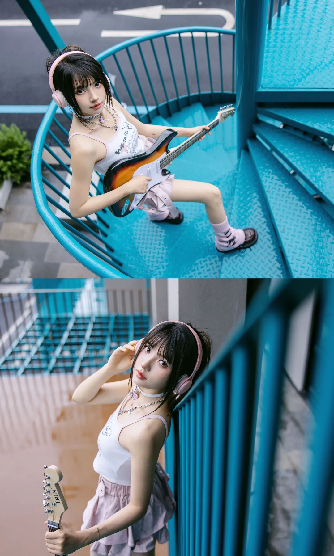 粉嫩電子風穿搭 藍樓梯下的元氣少女 - 第 5 張