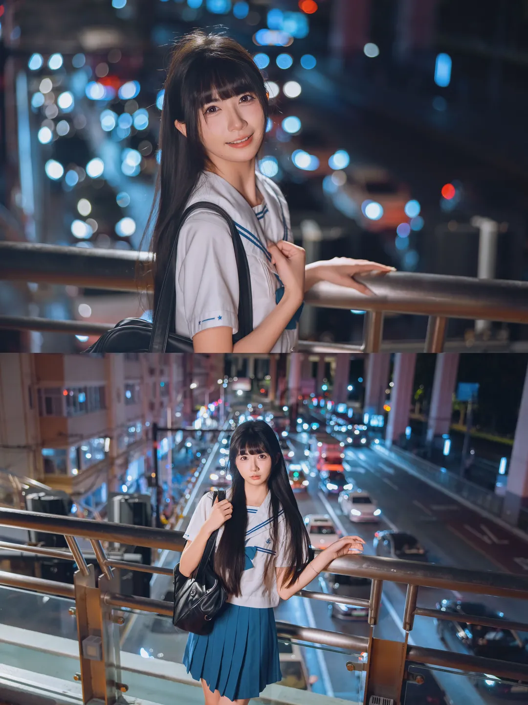 夜景JK制服写真，夜风中的白丝与百褶裙 - 第 5 张