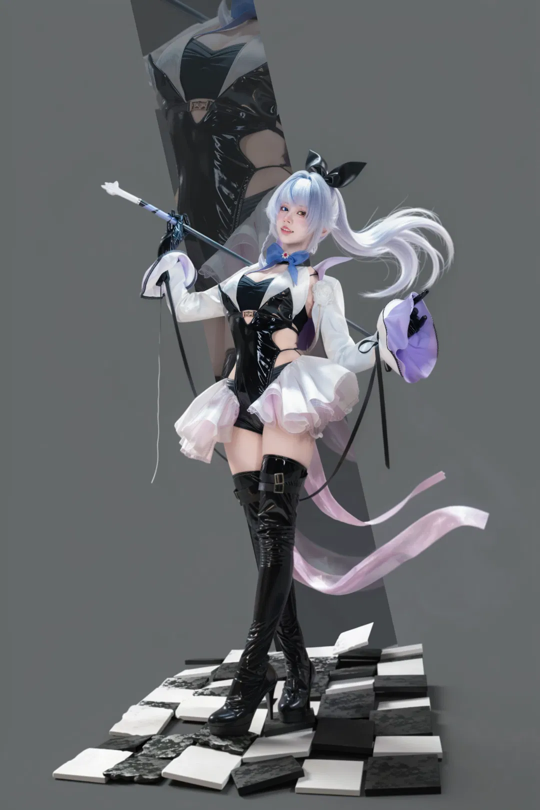 银发双马尾与黑白漆皮的碰撞，棋盘格上的暗系魔法使 - 第 2 张