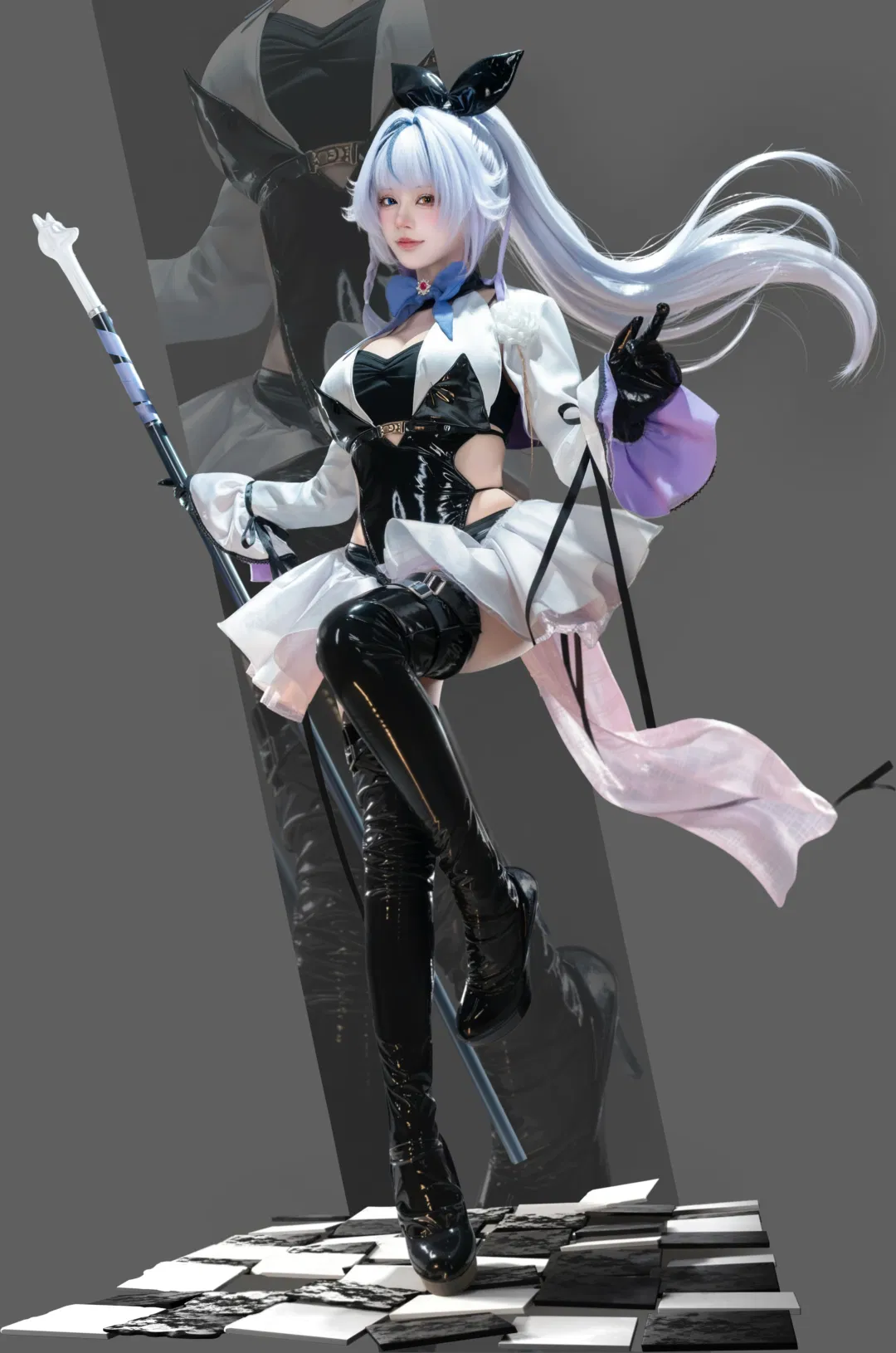 银发双马尾与黑白漆皮的碰撞，棋盘格上的暗系魔法使 - 第 4 张