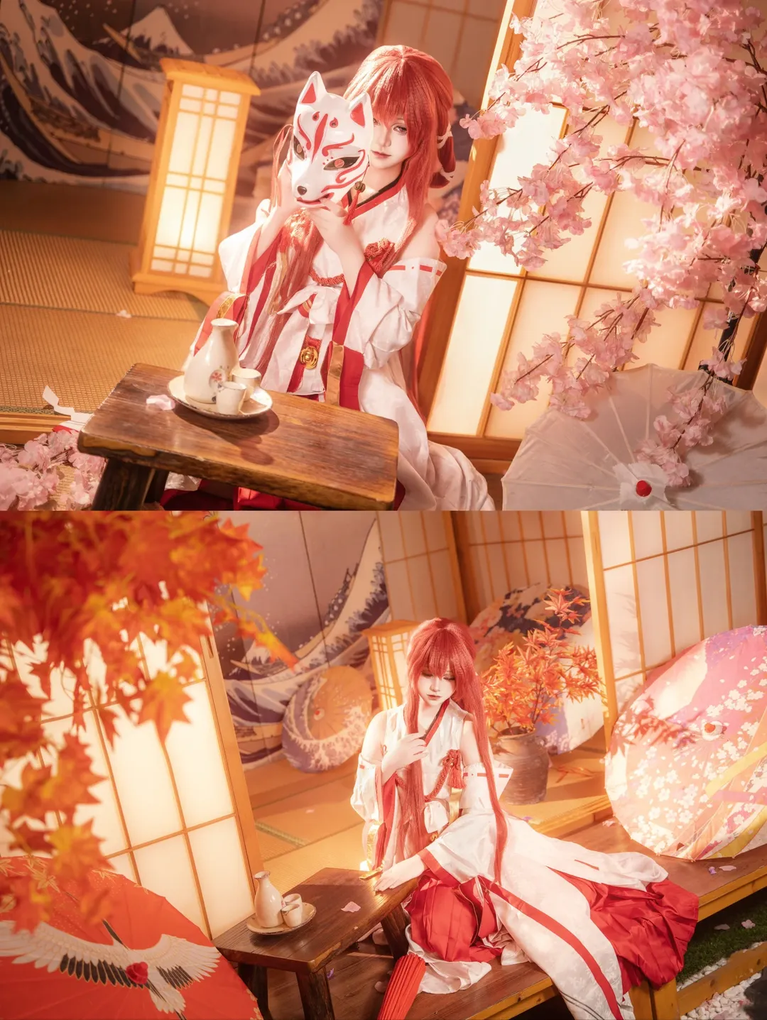 【绘梨衣cos】红白和风服饰与樱花树下的狐面 - 第 1 张
