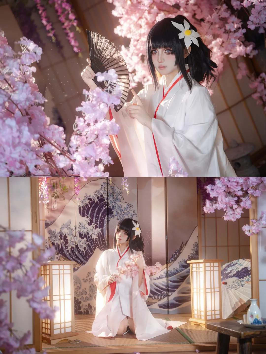 【雏田cos】月下白百合，红白和服与樱花的唯美碰撞 - 第 1 张