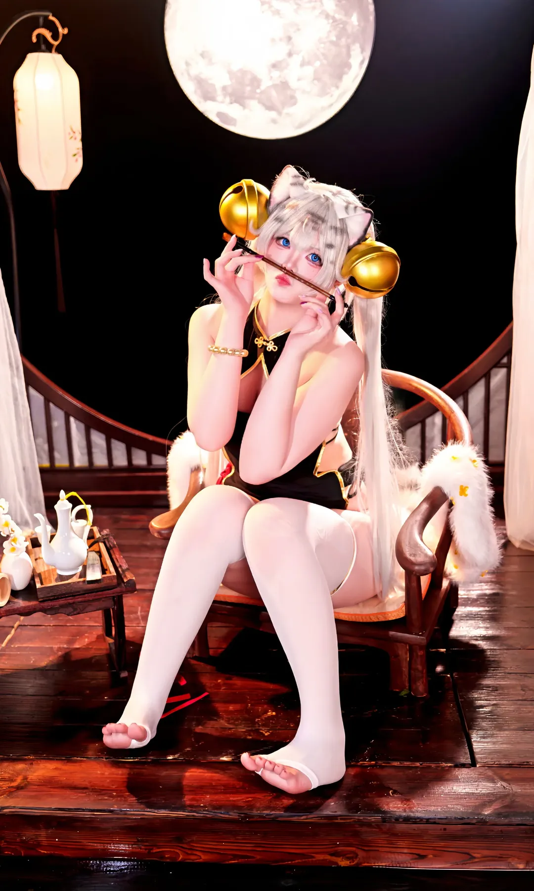 【白虎娘cos】虎啸生风，黑金国风与白丝兽耳的棚拍记录 - 第 2 张