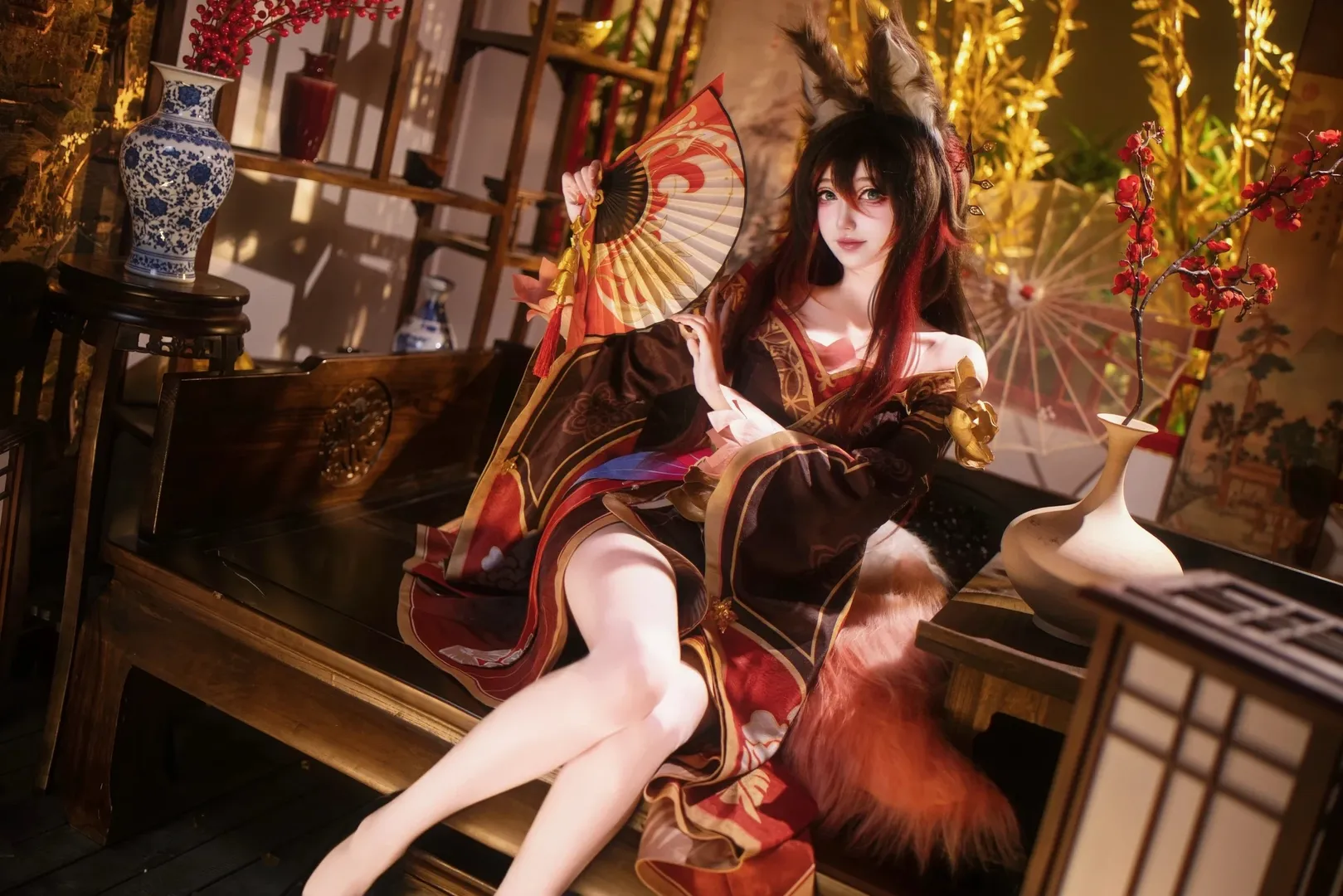 【忘归人cos】崩坏星穹铁道国风狐耳造型，折扇半掩慵懒氛围 - 第 2 张