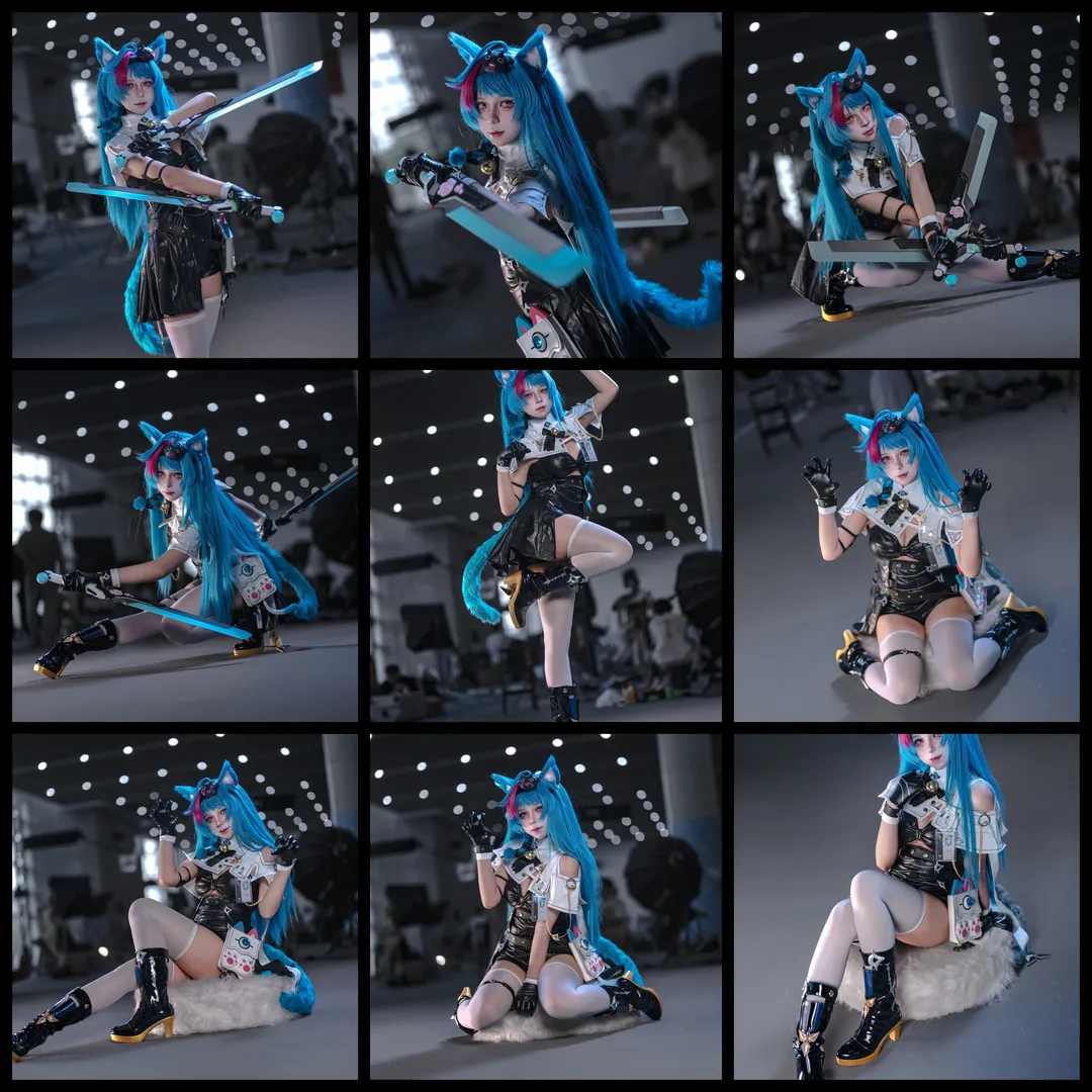 【青髪猫耳テックウェア コスプレ】青髪猫耳テックウェア コスプレ、黒レザージャケットと白タイツコスプレのビジュアル衝突 - 1 枚目