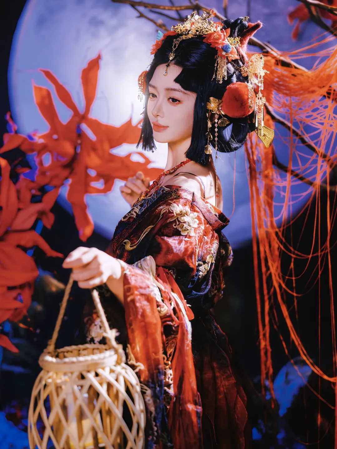 红黑国风九尾狐，彼岸花海的氛围感写真 - 第 6 张
