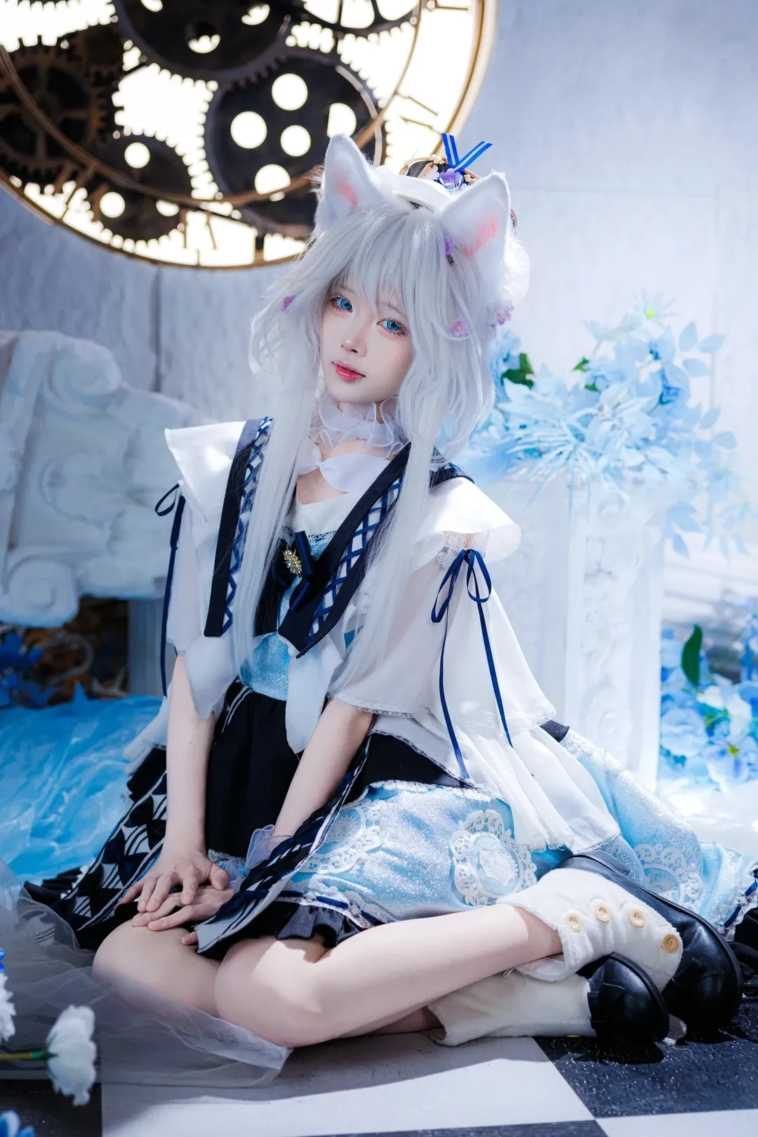 蓝白奇幻风兽耳少女 齿轮花海中的梦幻定格 - 第 5 张