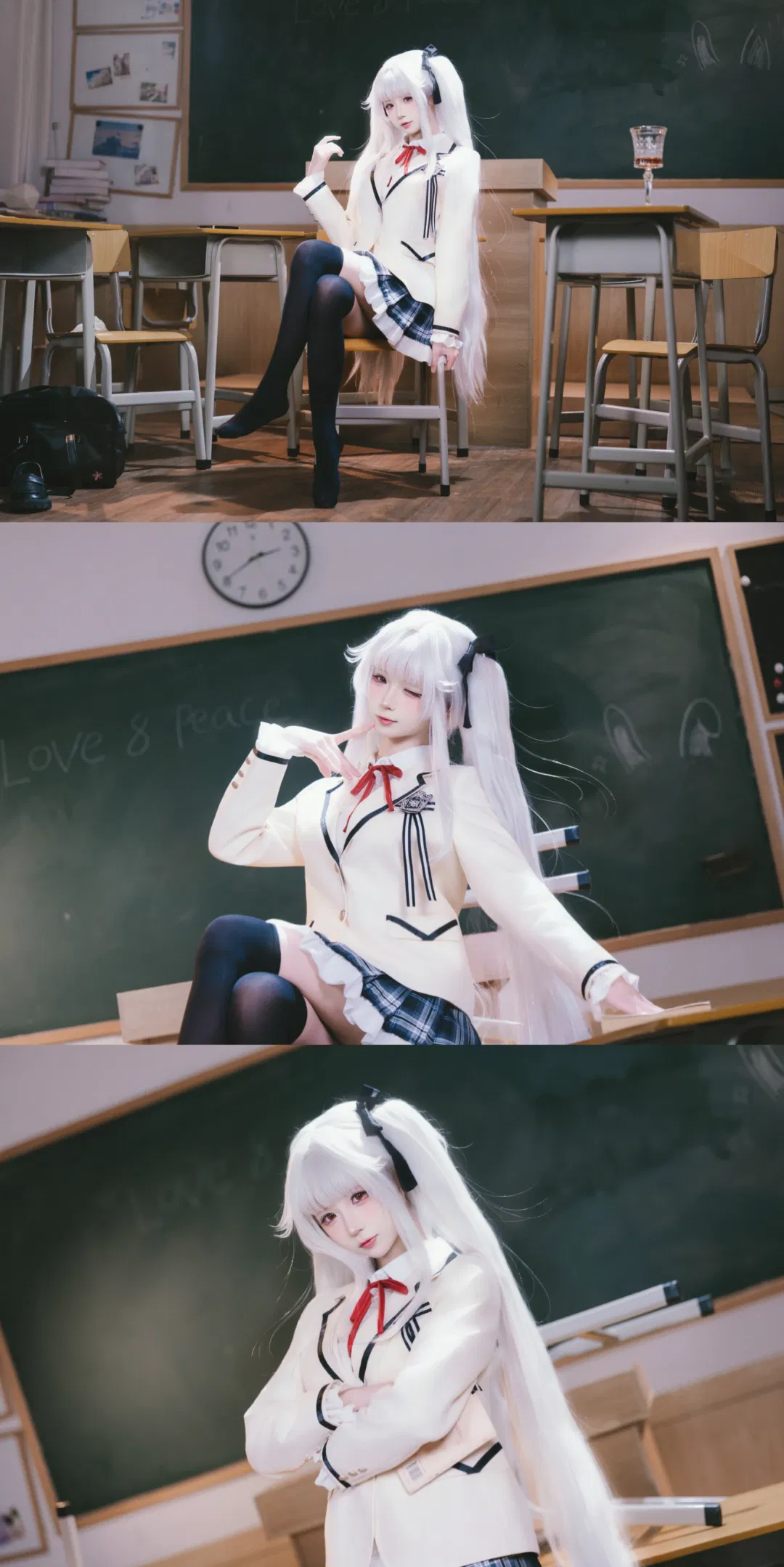 美少女万华镜篝之雾枝cos，教室里的白毛红瞳校服学妹 - 第 6 张