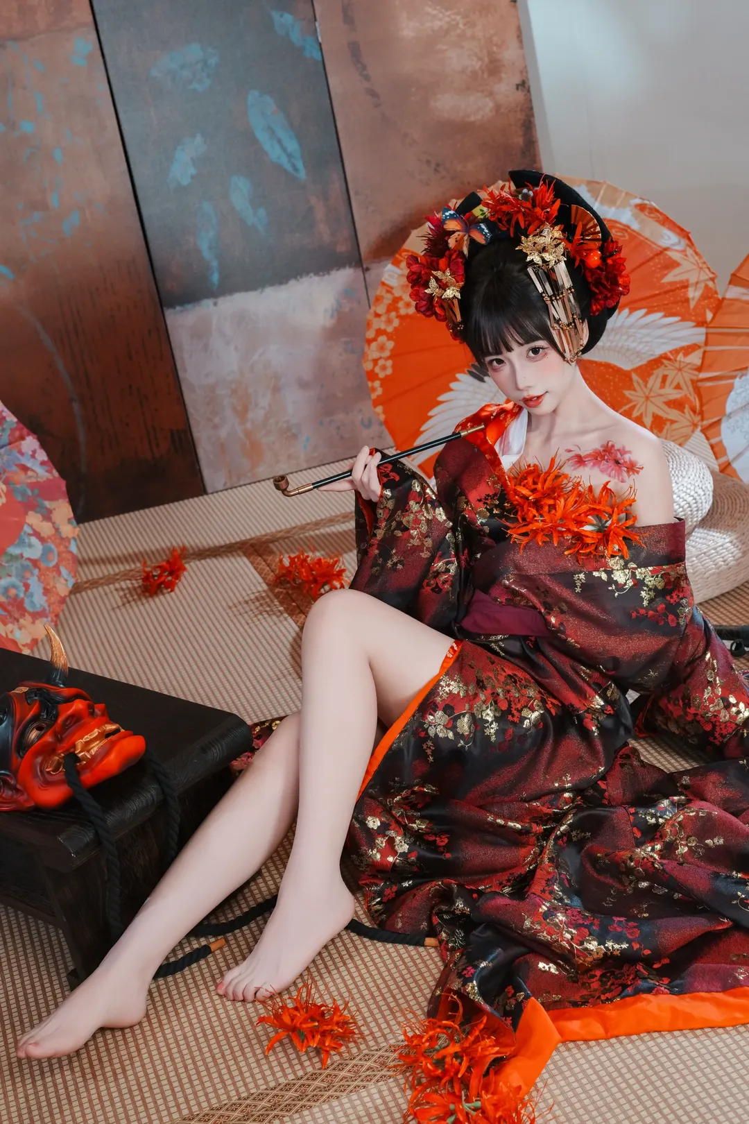暗黑和风花魁写真 红黑金质感与鬼面武士刀的碰撞 - 第 1 张