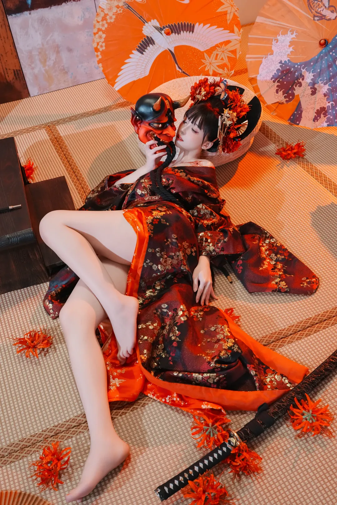 暗黑和风花魁写真 红黑金质感与鬼面武士刀的碰撞 - 第 5 张