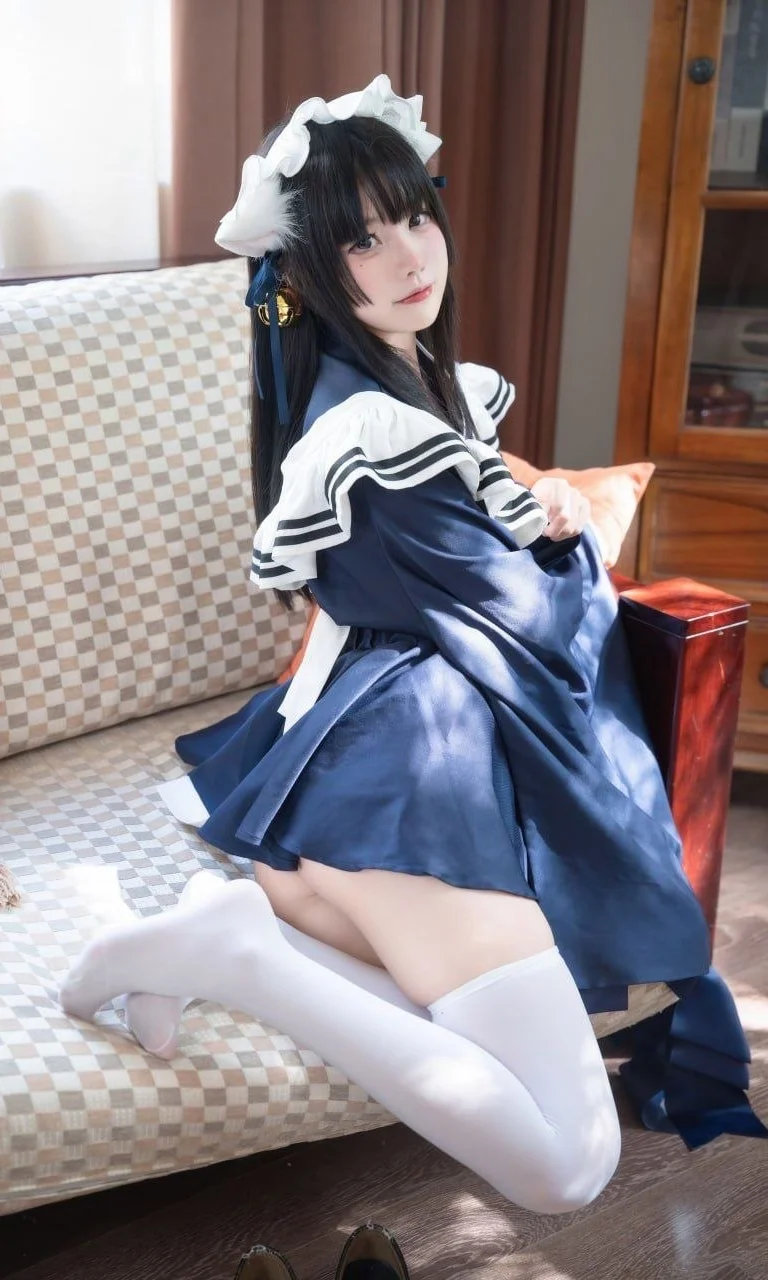 藏蓝和风女仆装，暖阳下的居家白丝穿搭 - 第 2 张