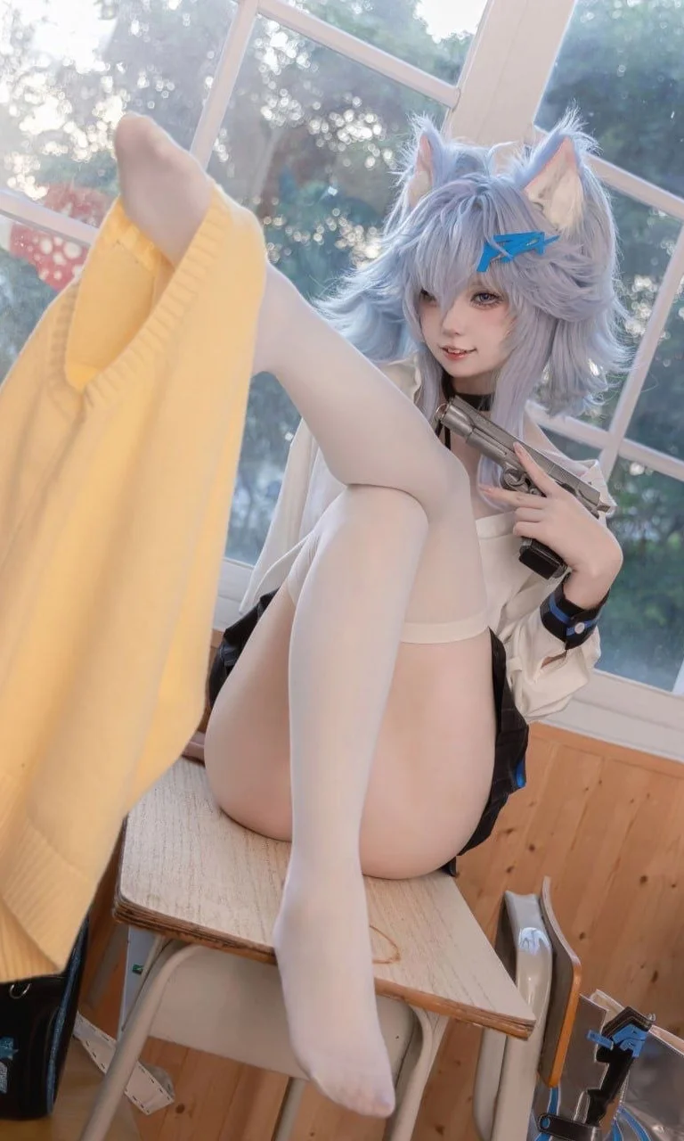 碧蓝航线兽耳小蓝毛的教室摸鱼写真，白丝制服上课摆烂 - 第 1 张