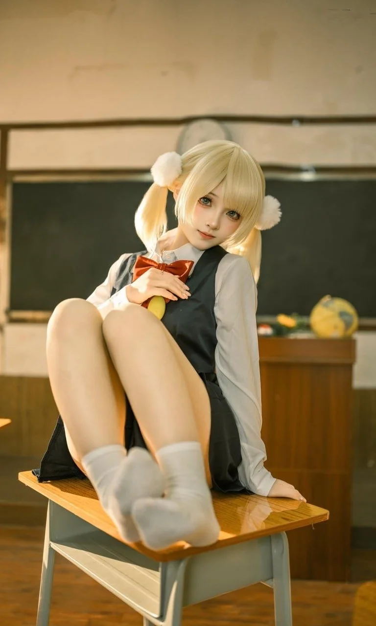 金发双马尾学生妹 午后教室里的校园风写真