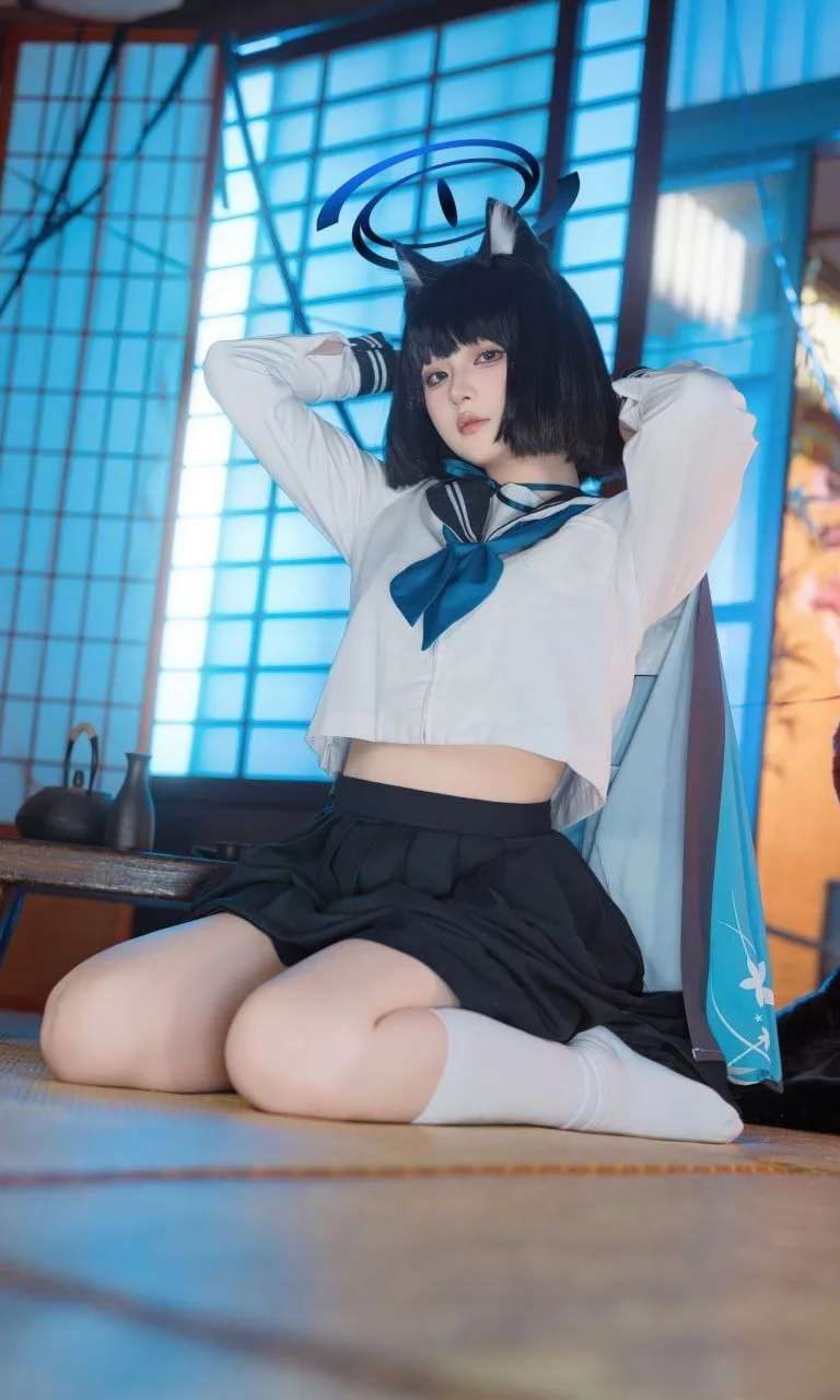【桐生桔梗cos】蔚蓝档案和风茶室，清冷黑猫少女 - 第 2 张