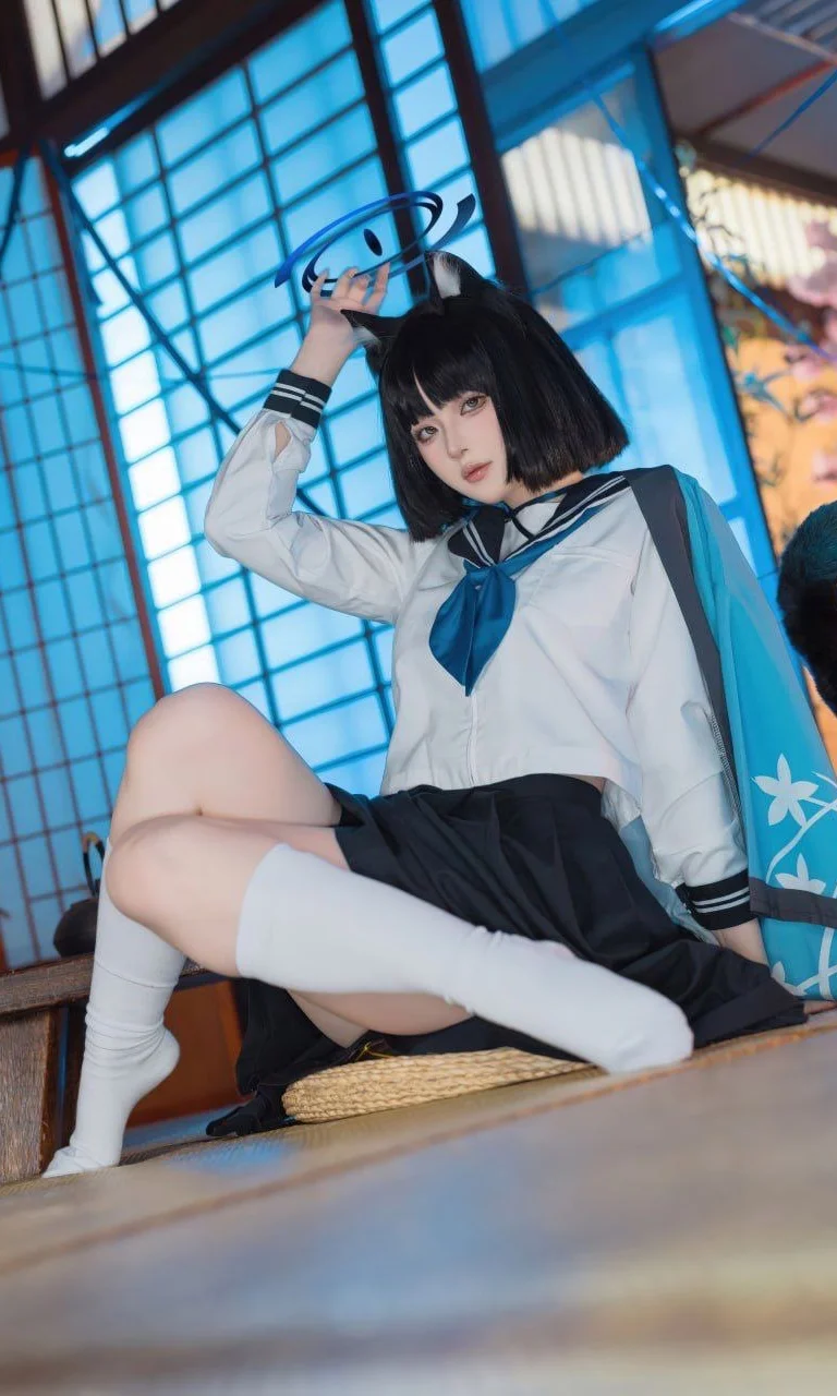 【桐生桔梗cos】蔚蓝档案和风茶室，清冷黑猫少女 - 第 3 张