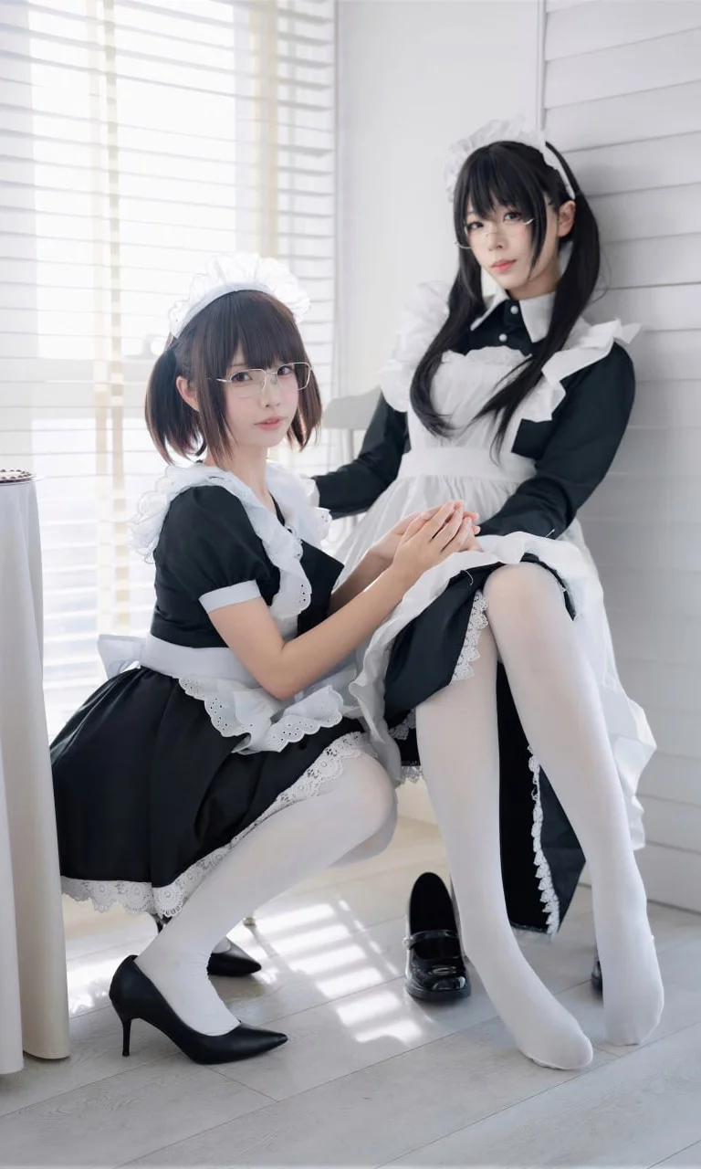 双人女仆写真：宅邸待命，黑白蕾丝与纯白丝袜的碰撞 - 第 3 张