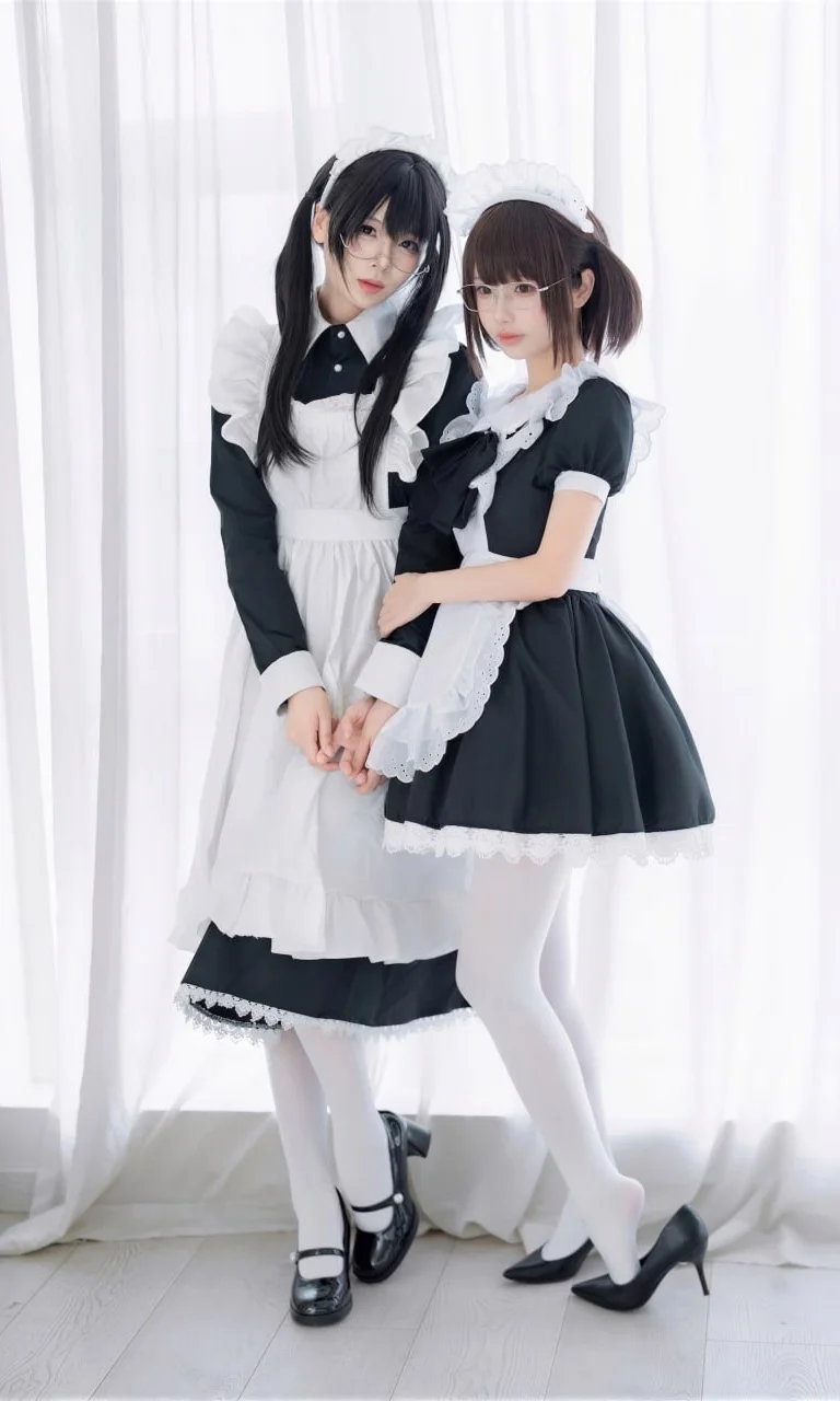 双人女仆写真：宅邸待命，黑白蕾丝与纯白丝袜的碰撞 - 第 9 张