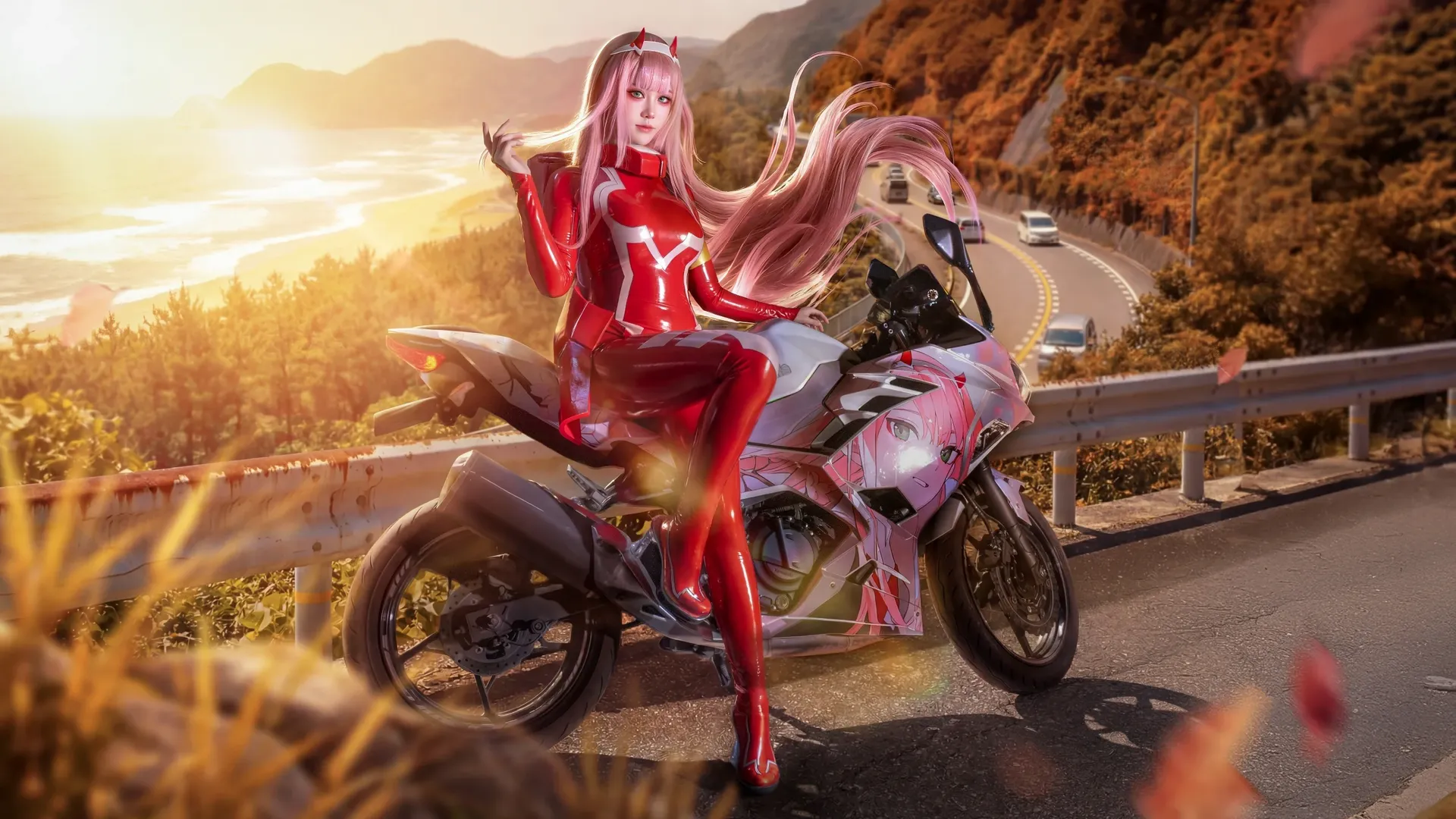 【02cos】紅色緊身衣和機車的海邊逆光拍攝體驗 - 第 3 張