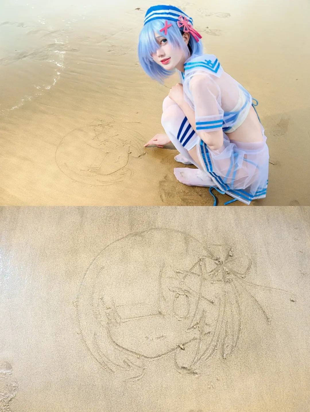 夏日沙滩水手服cos，半透明罩衫与白丝的碰撞 - 第 1 张