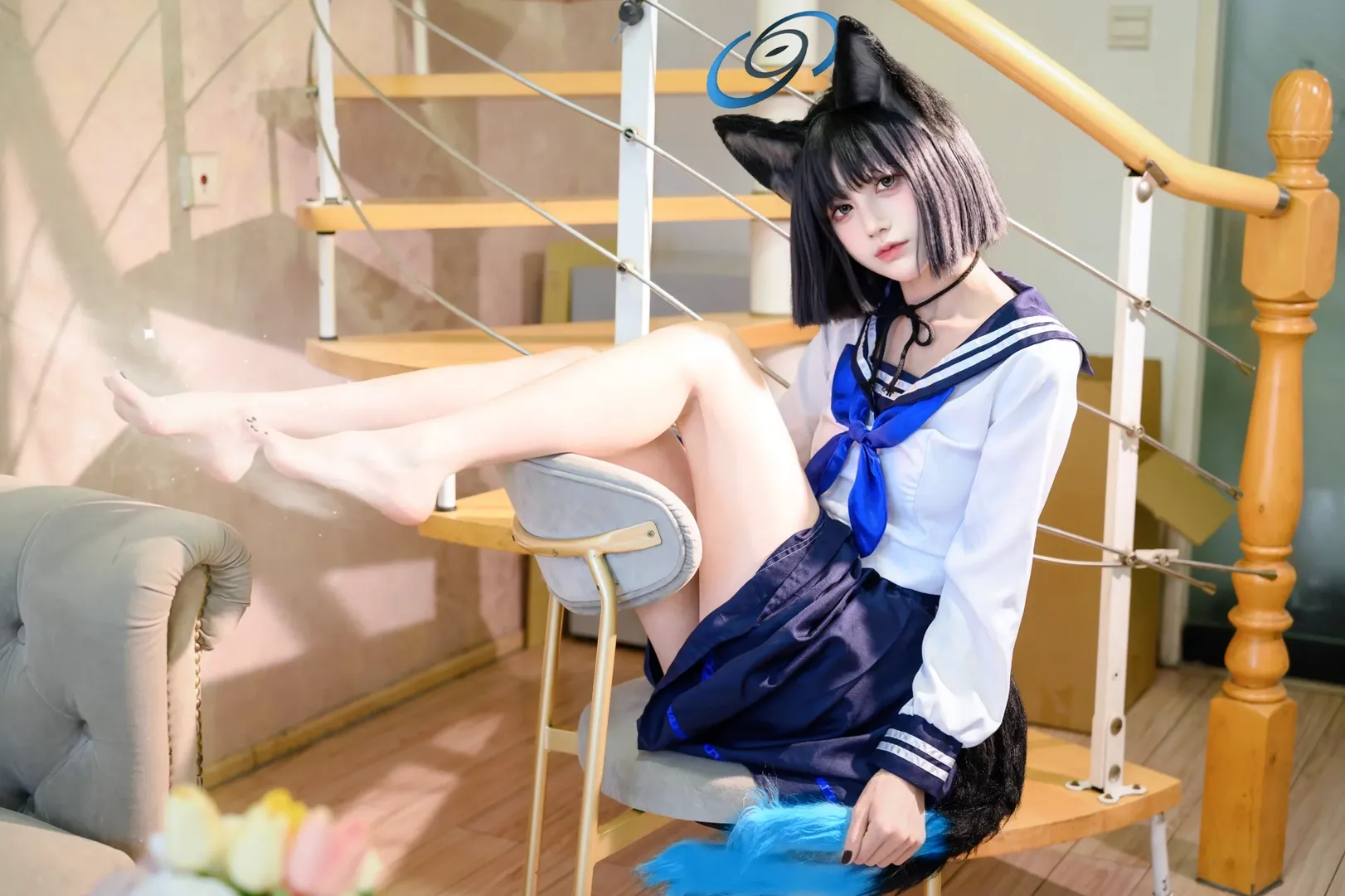 【桐生桔梗cos】碧蓝档案窗边光影与蓝绳 - 第 4 张