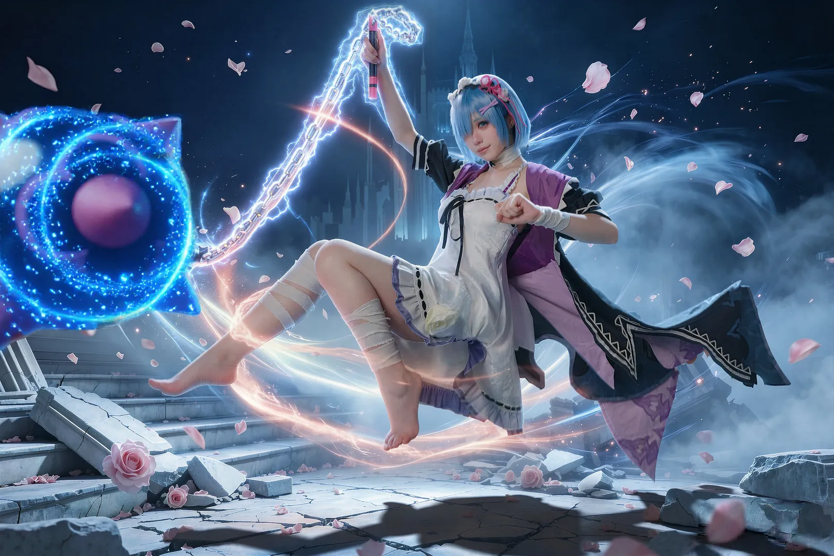 【蕾姆cos】蓝发战斗少女手持流星锤的正片放送 - 第 2 张