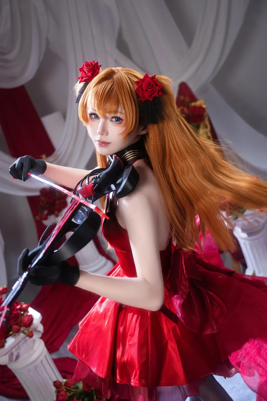 【明日香cos】新世纪福音战士的暗夜乐章，亮面红裙与黑丝小提琴 - 第 6 张