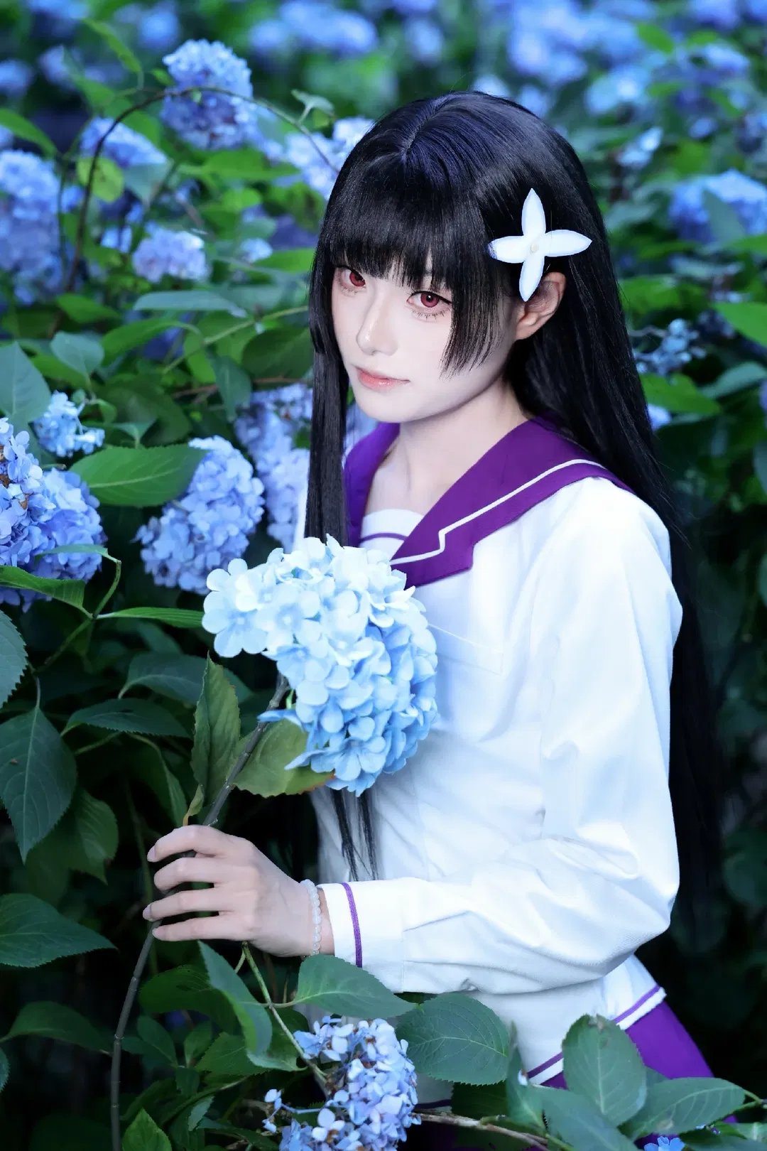 【散华礼弥cos】无尽夏绣球花丛中的经典水手服 - 第 3 张