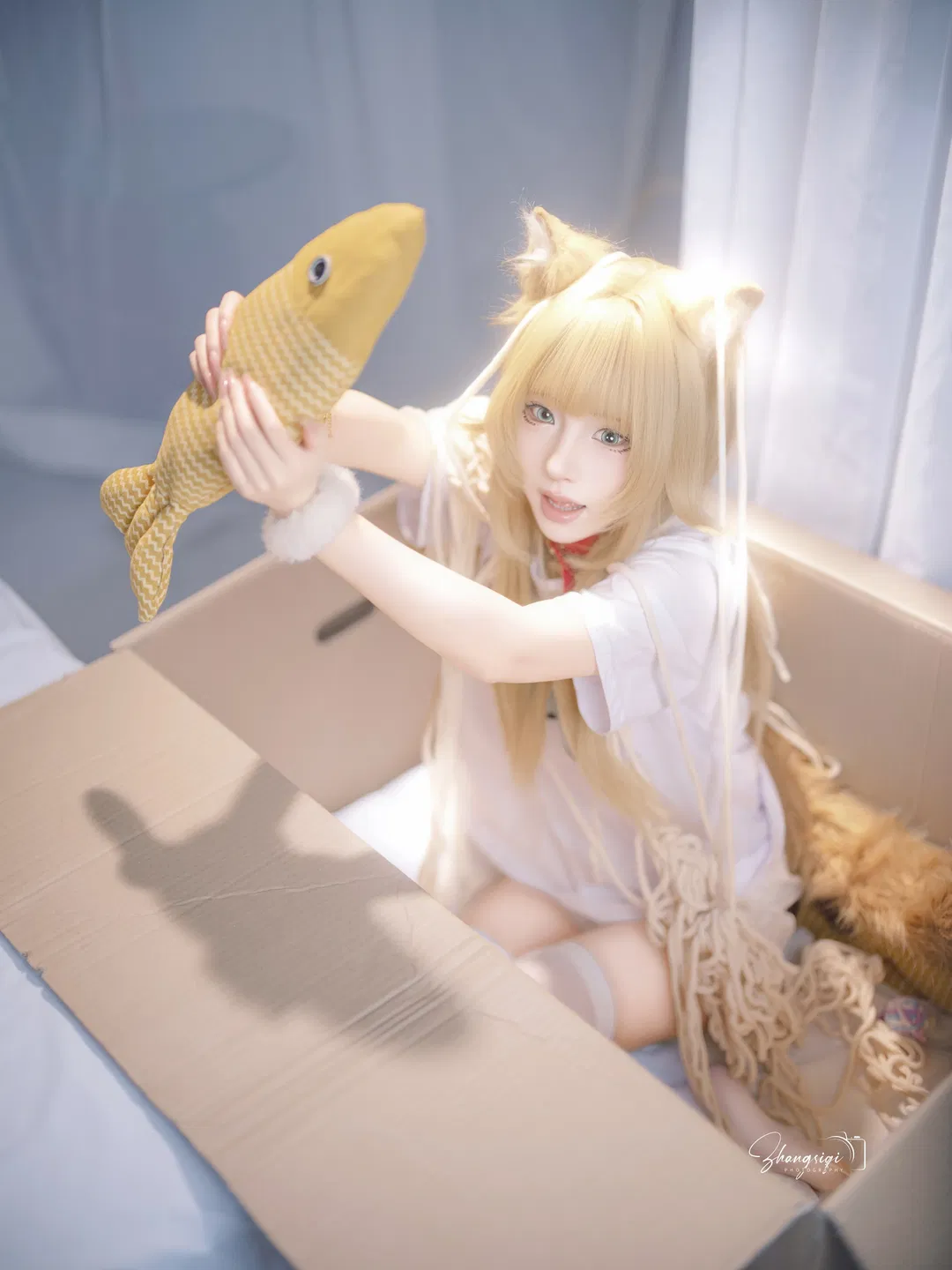 金发猫耳少女的纸箱阳光写真 - 第 1 张