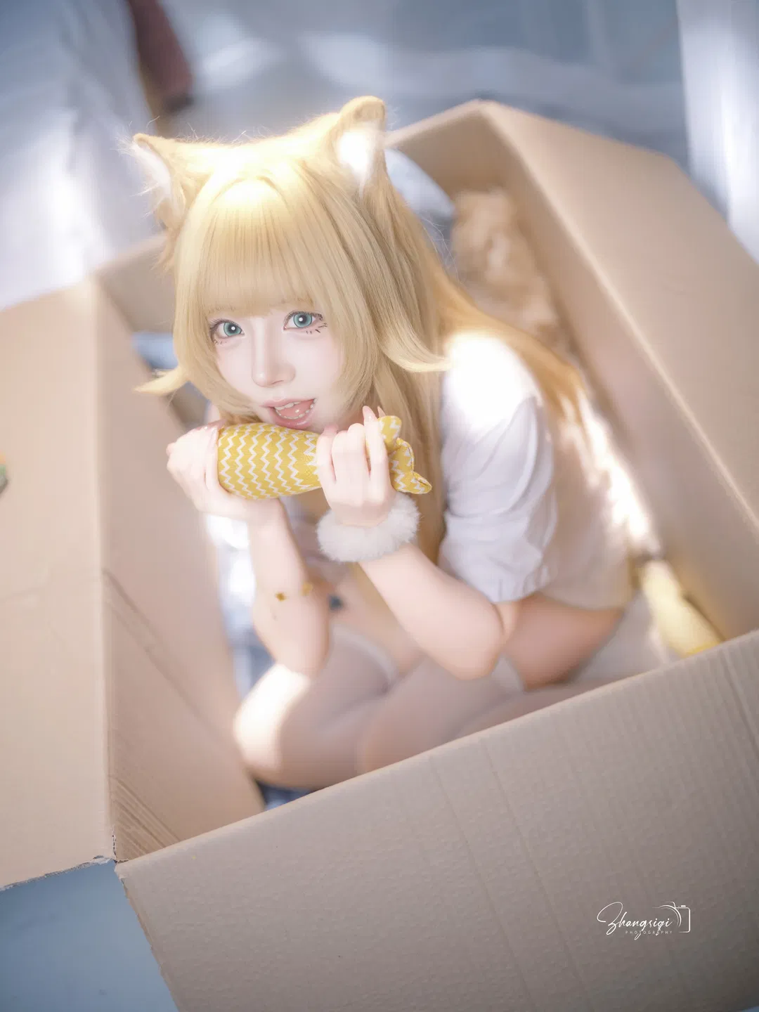 金发猫耳少女的纸箱阳光写真 - 第 2 张