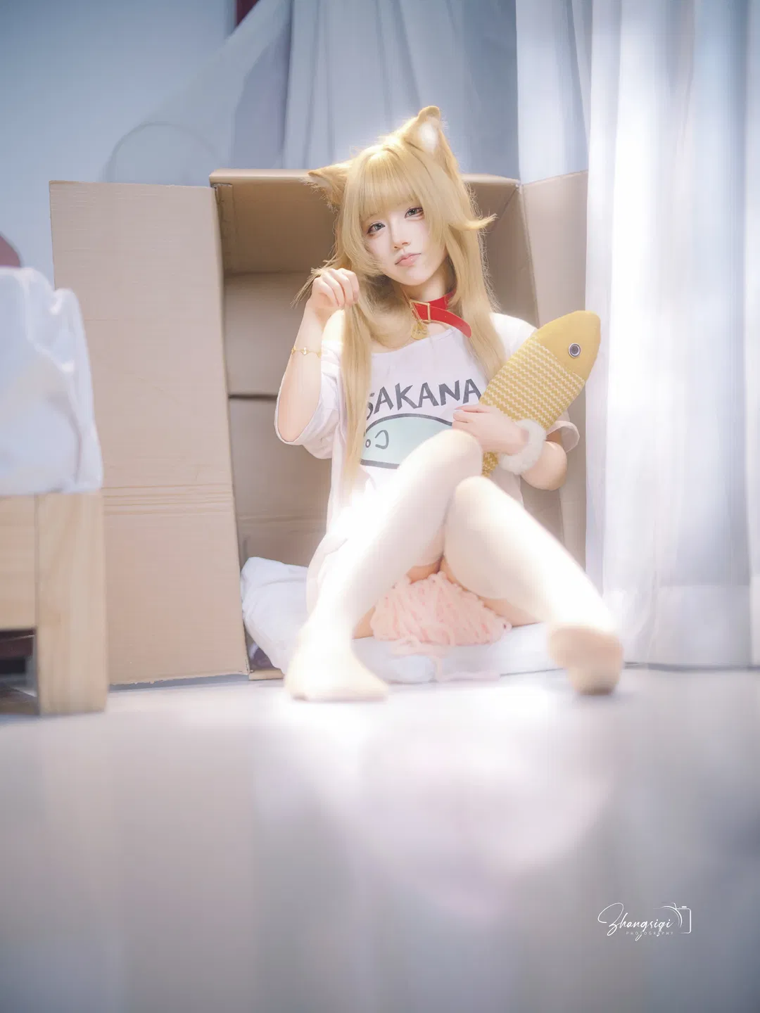 【黄豆粉猫娘cos】纸箱里抱着鱼的白色丝袜猫猫 - 第 1 张