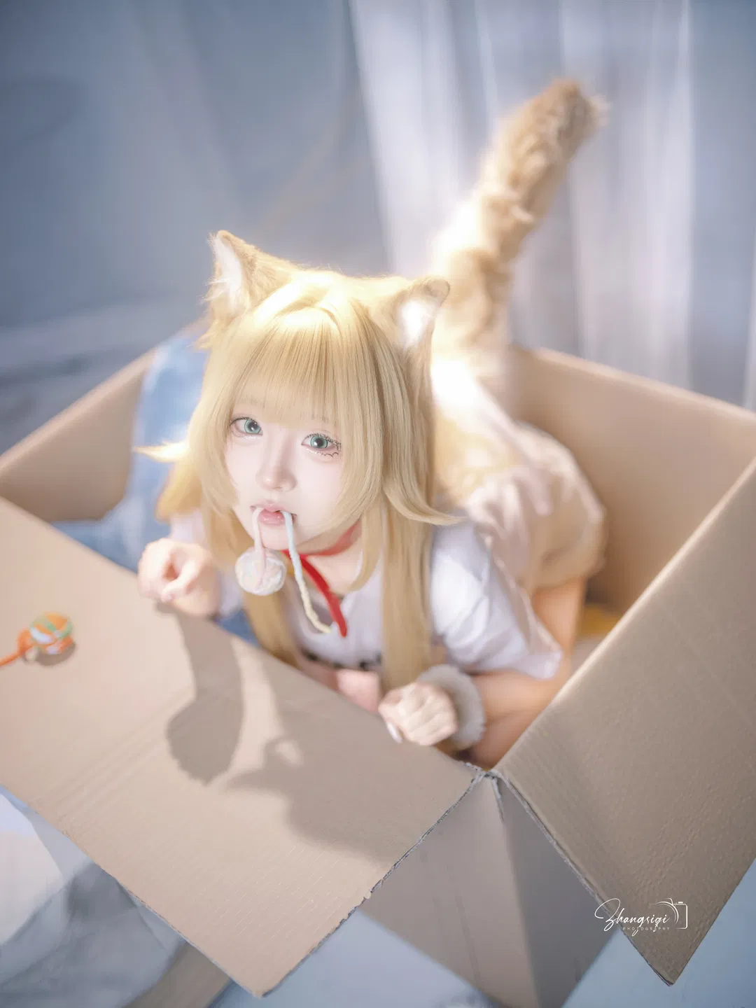 【黄豆粉猫娘cos】纸箱里抱着鱼的白色丝袜猫猫 - 第 3 张