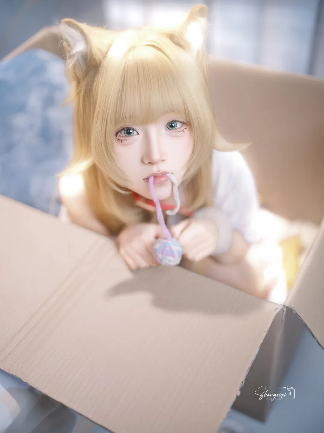 【黄豆粉猫娘cos】纸箱里抱着鱼的白色丝袜猫猫 - 第 9 张
