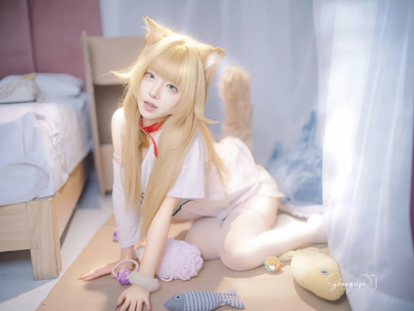 纸箱毛线球与白丝猫耳，慵懒居家风cosplay - 第 10 张